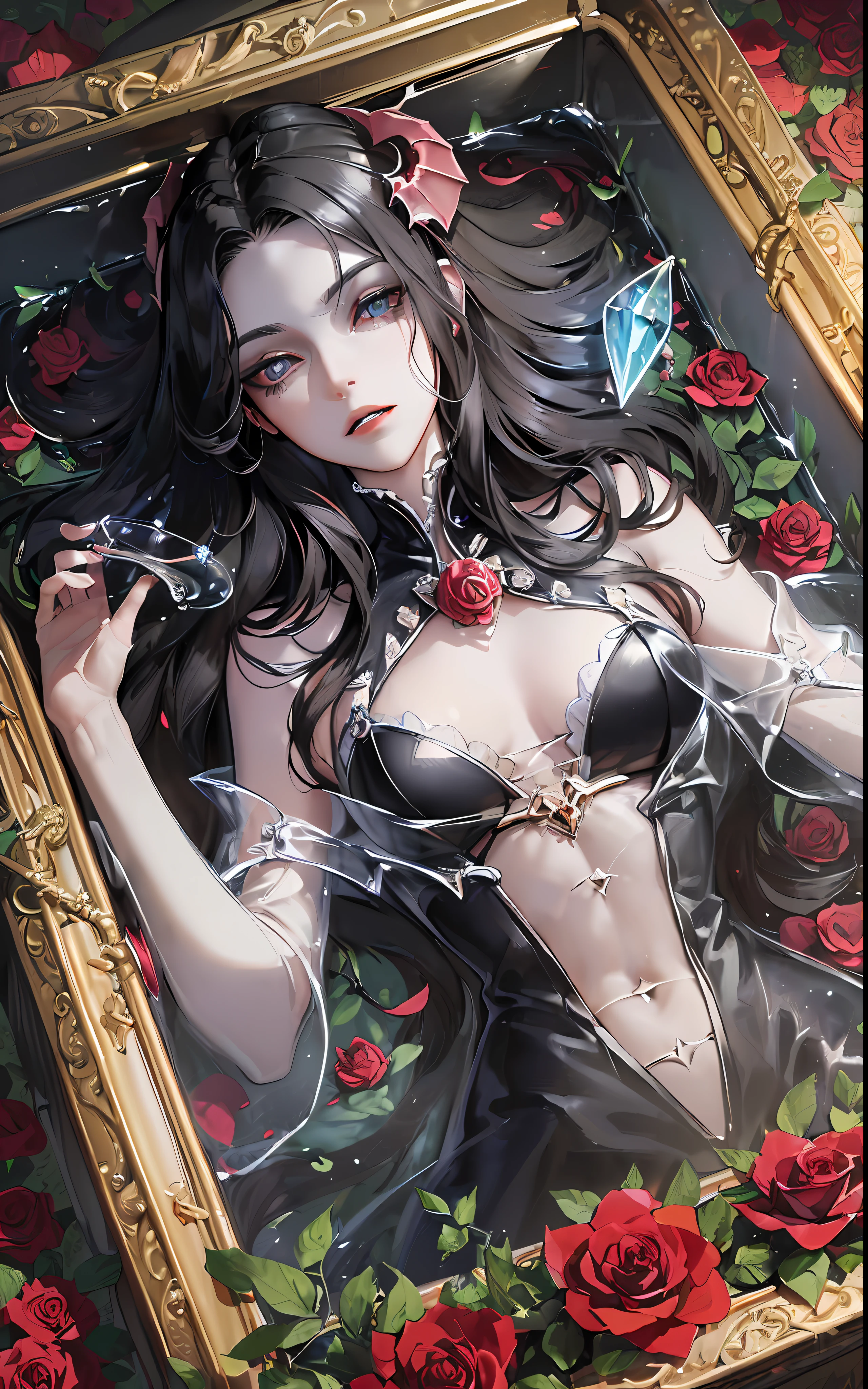 (((transparent vampire coffin with closed lid))) , (long coffin), girl locked in the coffin, seabed in the background, ((crystal)), gold cross, golden details, roses inside the coffin, rose thorns, ocean in the background, moonlight, coffin submerged in the sea, closed coffin with glass walls, closed lid, (((sarcophagus))), 1girl, adult woman, black hair, long hair, blue eyes, black victorian dress, flowing elegant dress, inside a coffin made of glass, full body inside coffin, perfect detailed eyes, perfect detailed face, detailed eyes, perfect eyes, ((((masterpiece)))), (((glass lid)))