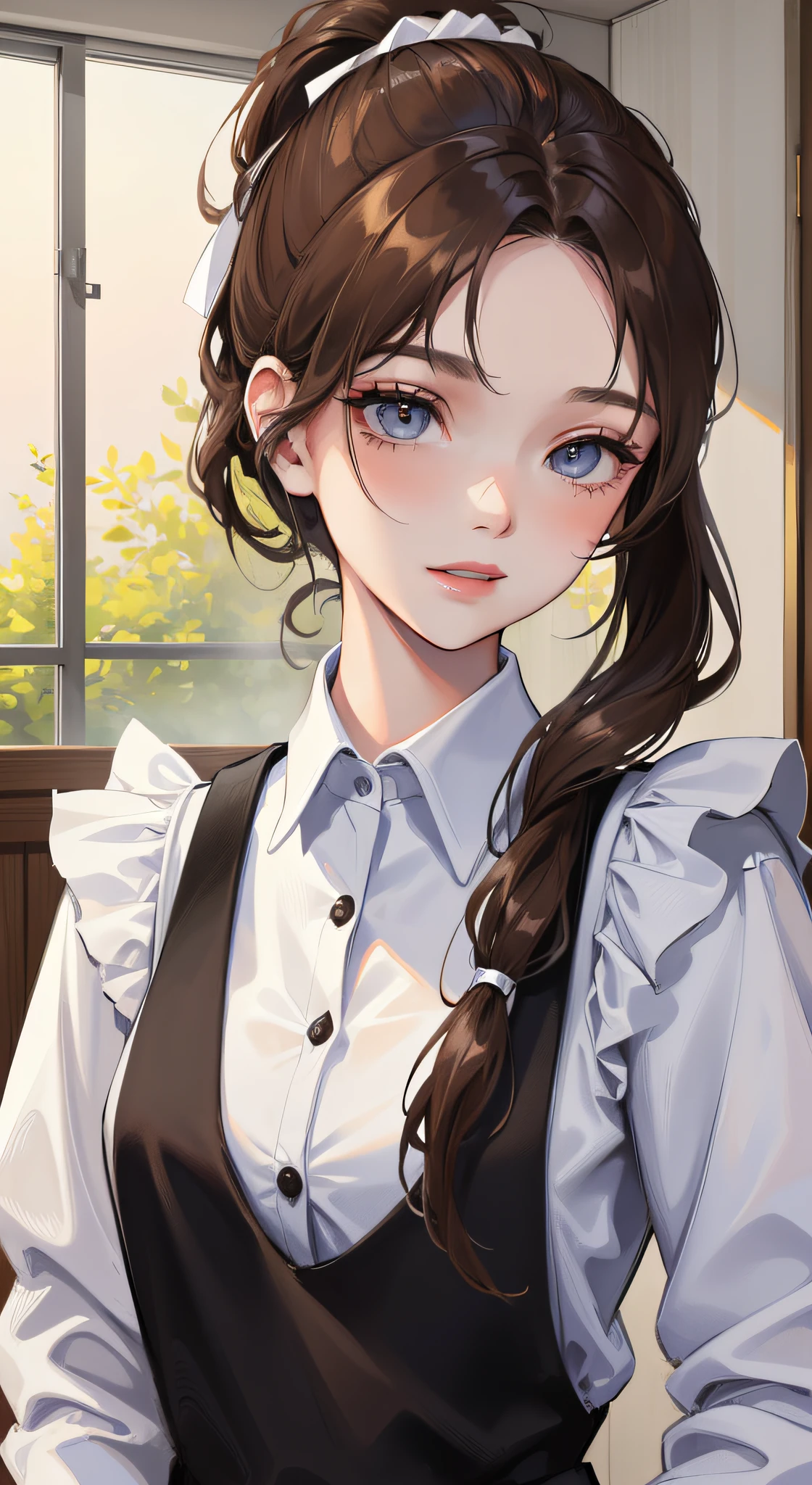 ((top quality, 32k, masterpiece: 1.3)), portrait, sharp focus, 1 girl, 18 years old, pretty woman with perfect figure: 1.4, slender abs: 1.1, ((dark brown hair, big: 1.2)), (white shirt, black apron: 1.3), street, ultra detailed face, detailed eyes, double eyelids, gentle smile, ponytail, sunlight, natural light,