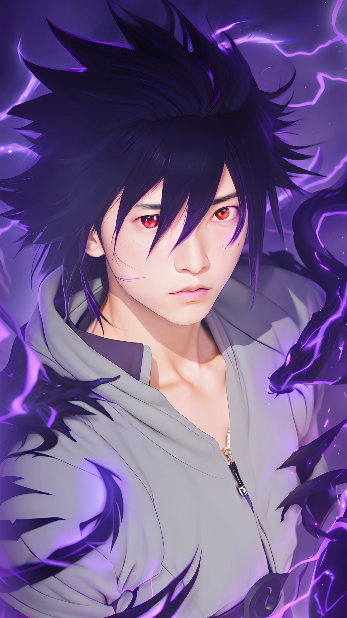 GlowingRunes_purple, live-action photos, masterpieces, nikon, close-up, super detailed face, soft lighting, left eye tightly closed bleeding, right eye glowing red, anime character with black hair and purple eyes on purple background, Sasuke Uchiha, Uchiha Itachi, Uchiha Madara, Kazuto Okakata, Hinata Hinata, Uchiha Itachi, Yushki, From Naruto, Akino Shinbo, Dragon, Naruto's Pain, Hiro, Fan Art