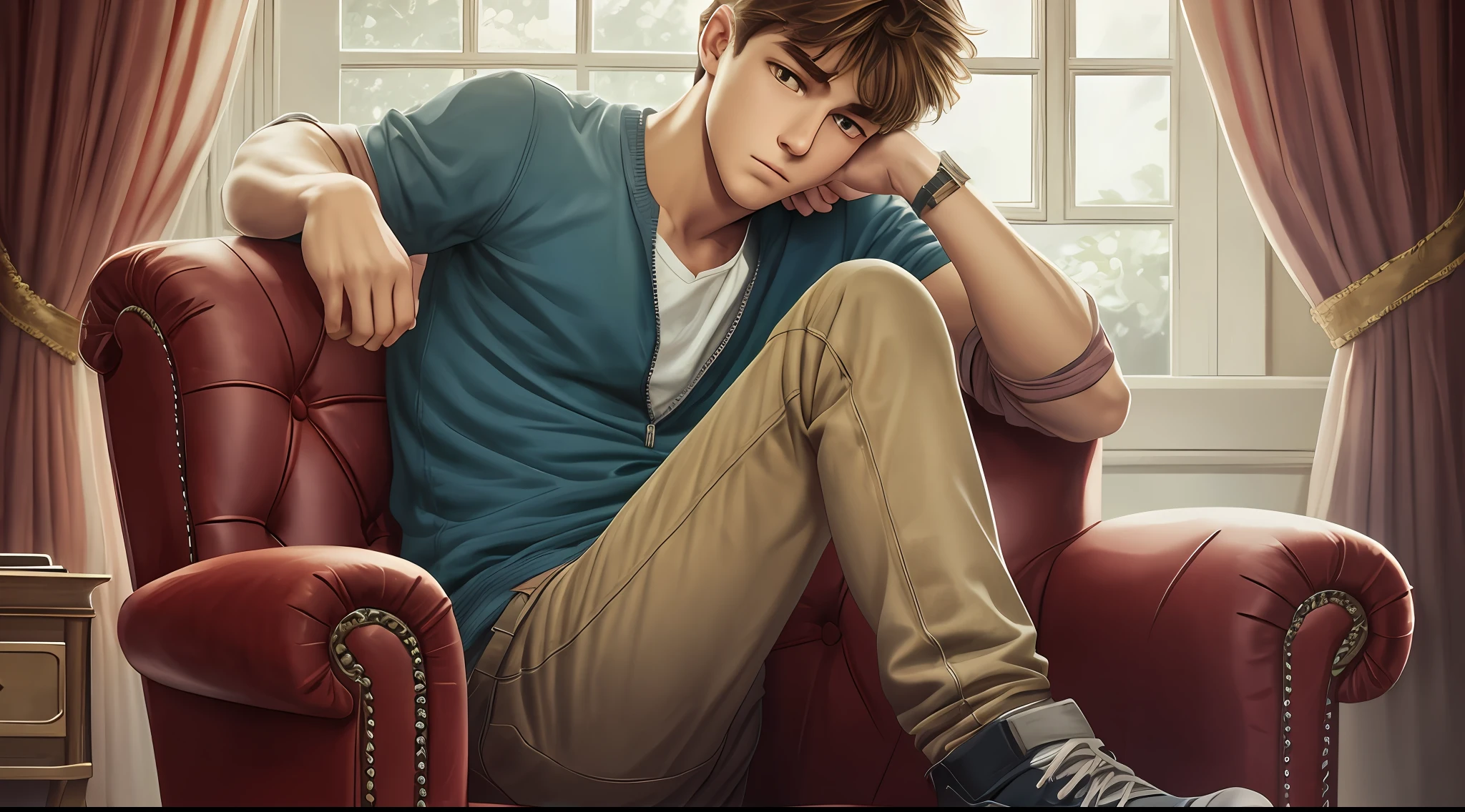 Drawing, ultra realistic, 8k, extremely detailed, in the best quality, a teenage man of 17 years, sitting in an armchair, with sad and thoughtful countenance.