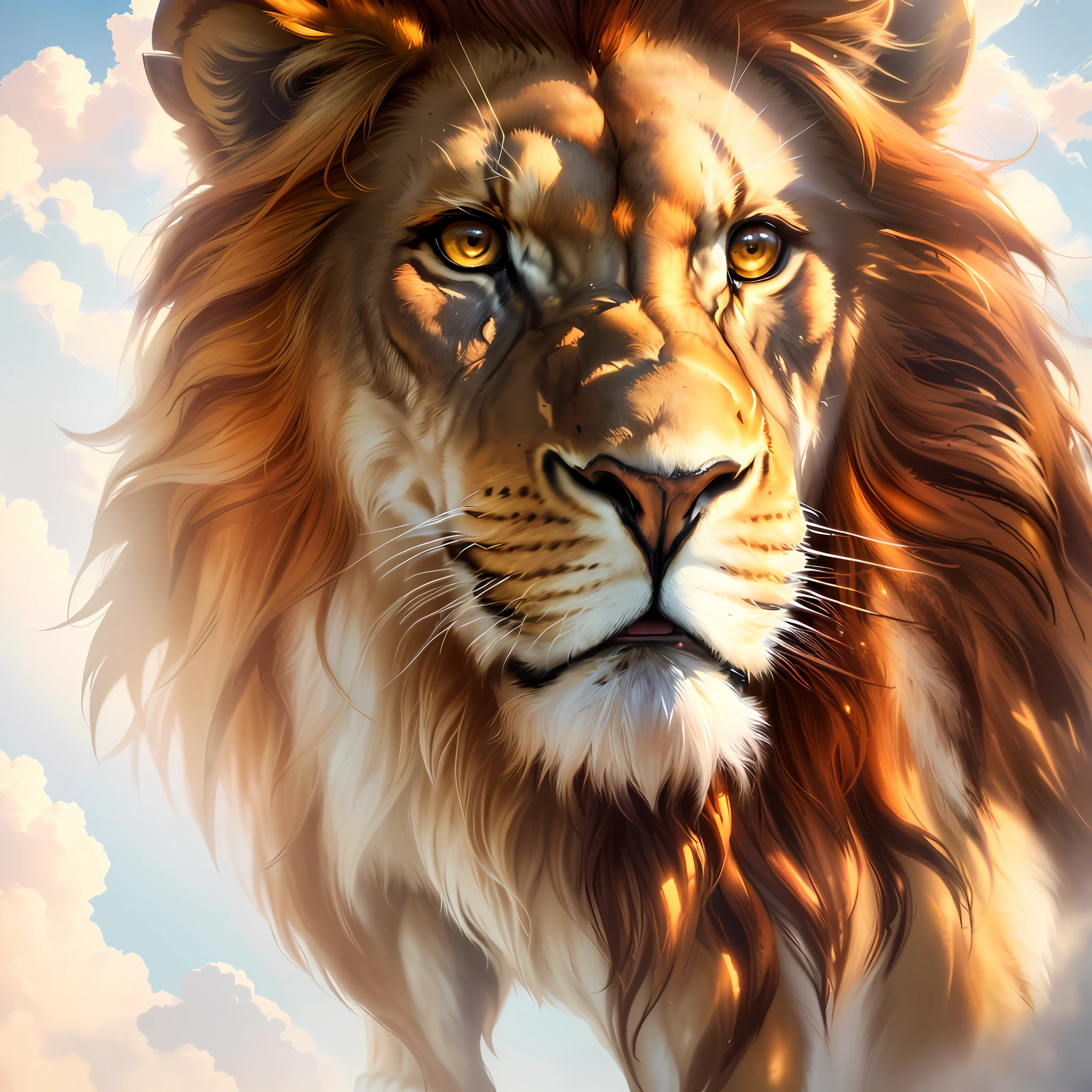 painting of a lion with a very large mane and a large face, lion, lion's head, half lion, the mane of a lion, with the mane of a lion, aslan, the lion, portrait of a lion, face of a lion, animal photo of digital art, beautiful animals detailed, 2 d lion full body, king of the jungle, amazing art, 4k realistic, HD