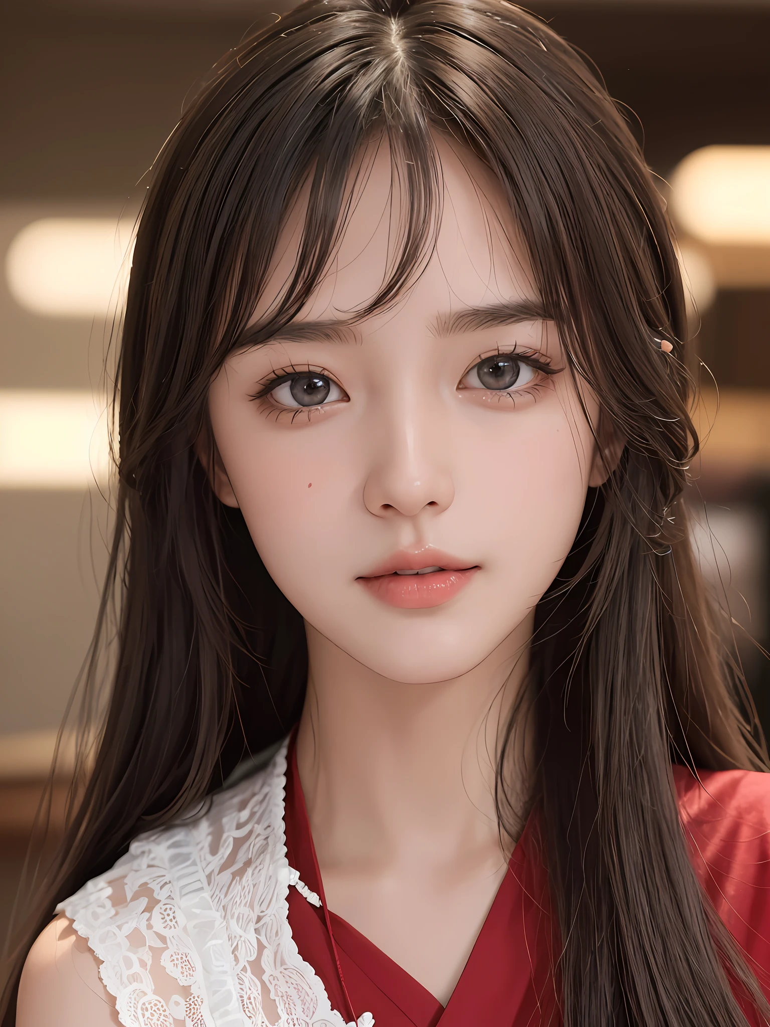 masterpiece, best picture quality, high quality, beautiful girl, Japanese, Japanese school girl, popular Korean makeup, detailed, swollen eyes, detailed eyes, detailed skin, beautiful skin, ultra high resolution, (reality: 1.4), very beautiful, slightly younger face, beautiful skin, slender, (ultra realistic), (illustration), (high resolution), (8K), (highly detailed), (best illustration), (beautifully detailed eyes), (super detailed), (wallpaper), (detailed face), looking at viewer, fine details, detailed face, pureerosfaceace_v1, smiling, looking straight ahead, looking straight ahead, angle from waist up, realistic photo, bright lighting, professional lighting, blonde, long hair, dark ruins, big red moon, gorgeous red and black dress, mature woman, long stylish bangs,キスショット・アセロラオリオン・ハートアンダーブレード
