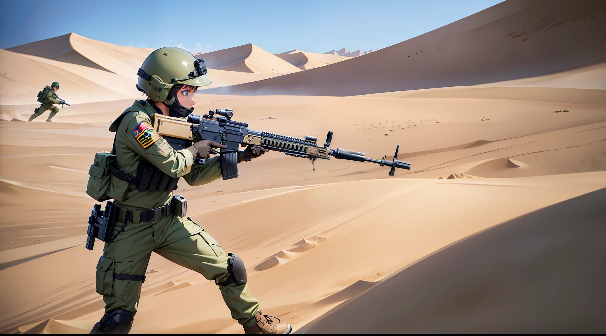 PMC, CQB, CQC, assault rifle, battle girl, sand desert, sand clothes, firing