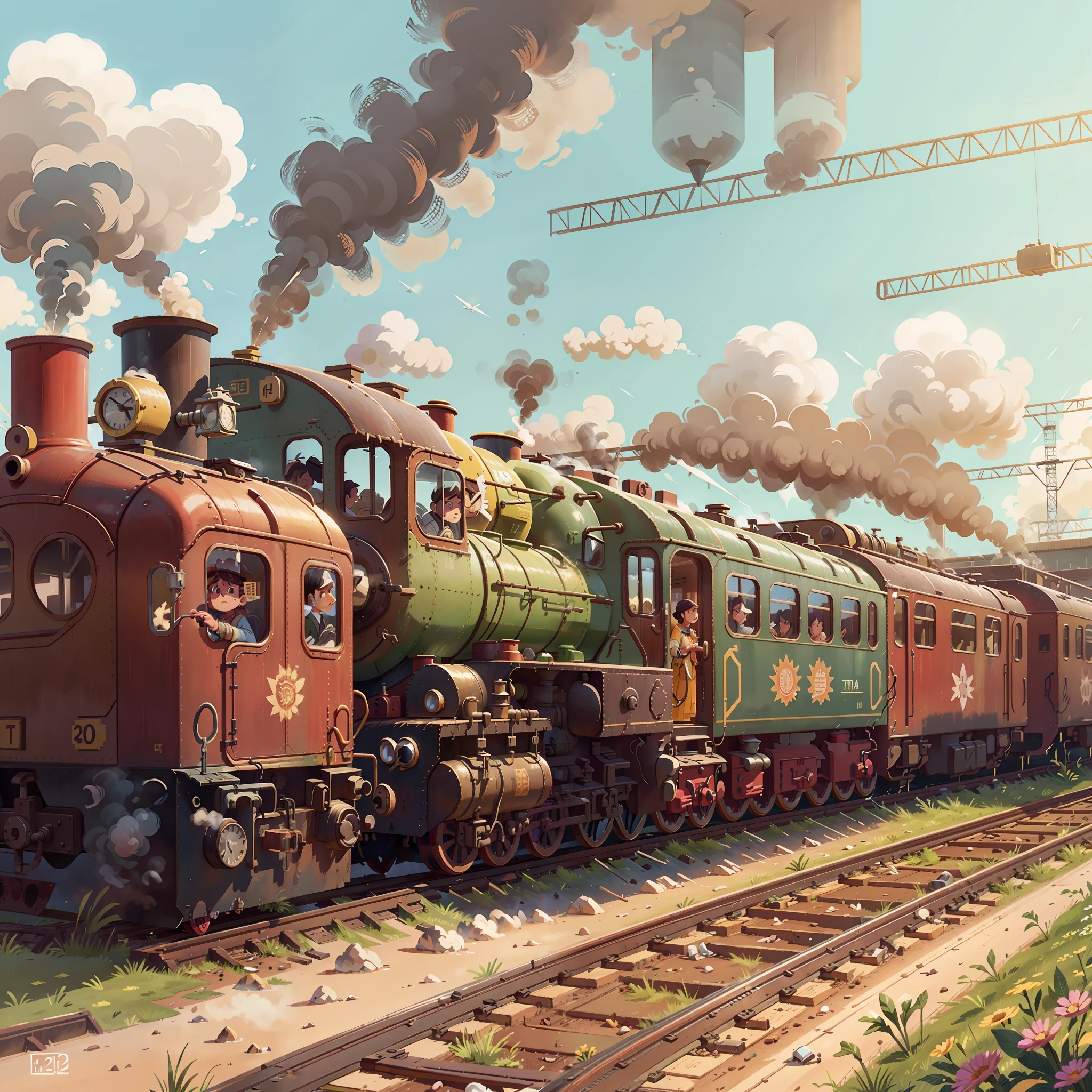 Describe the scene of a railway station on a sunny afternoon, with a steam train letting out smoke and passengers boarding and disembarking in an ultra-realistic environment. --auto --s2