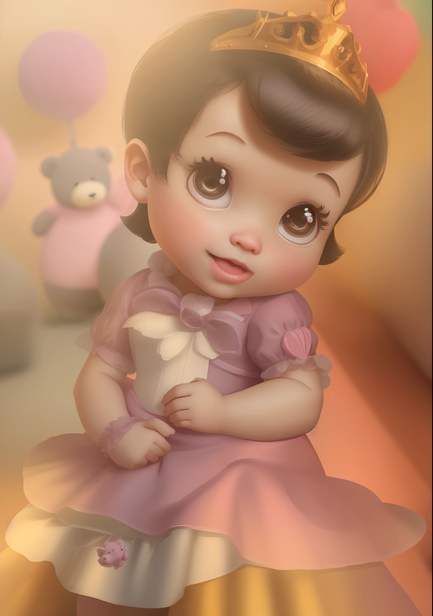 Princess disney 1 yearack hair), princess crown and princess dress, cgi cinematic 3d drawing, disney. In the background there are cute and cute teddy bears, pink scenery.