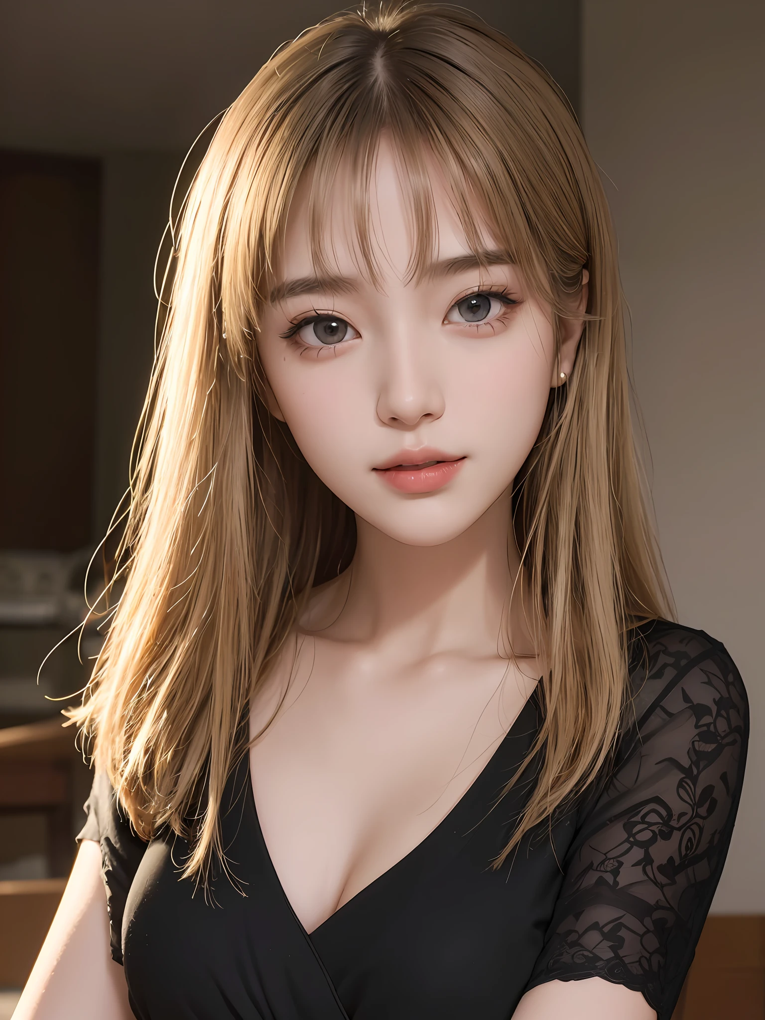 masterpiece, best picture quality, high quality, beautiful girl, Japanese, Japanese school girl, popular Korean makeup, detailed, swollen eyes, detailed eyes, detailed skin, beautiful skin, ultra high resolution, (reality: 1.4), very beautiful, slightly younger face, beautiful skin, slender, (ultra realistic), (illustration), (high resolution), (8K), (highly detailed), (best illustration), (beautifully detailed eyes), (super detailed), (wallpaper), (detailed face), looking at viewer, fine details, detailed face, pureerosfaceace_v1, smiling, looking straight ahead, looking straight ahead, angle from waist up, realistic photo, bright lighting, professional lighting, blonde, long hair, dark ruins, big red moon, gorgeous red and black dress, mature woman, long stylish bangs,キスショット・アセロラオリオン・ハートアンダーブレード