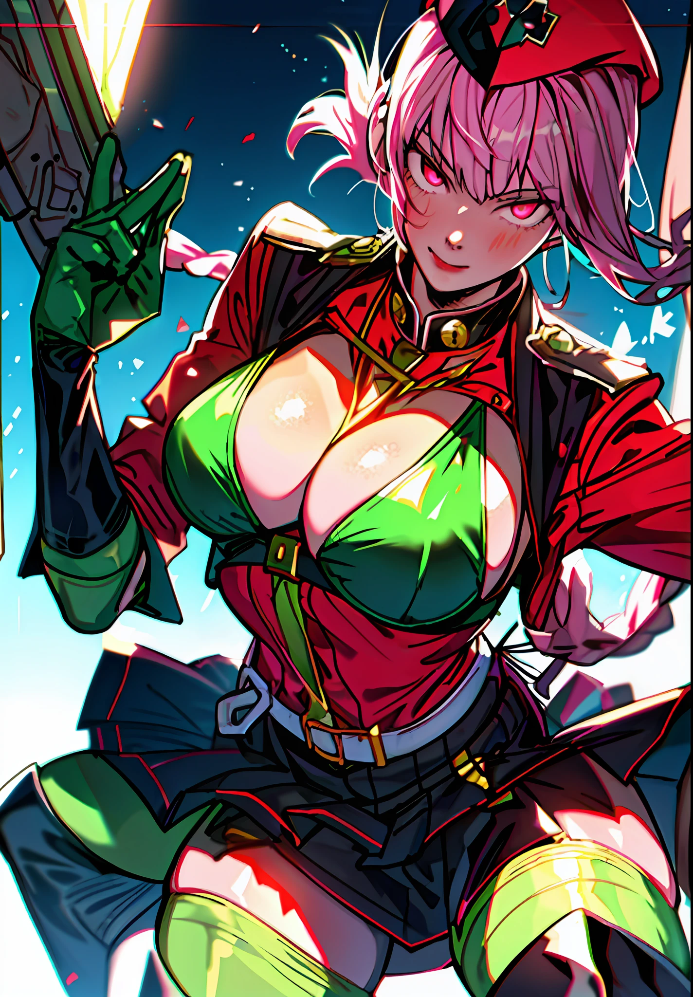 (masterpiece:1.2), florence nightingale \(fate\), slingshot bikini, green gloves, nurse cap, skirt, thighhighs, backlighting, glowing eyes, hanging breasts, pov