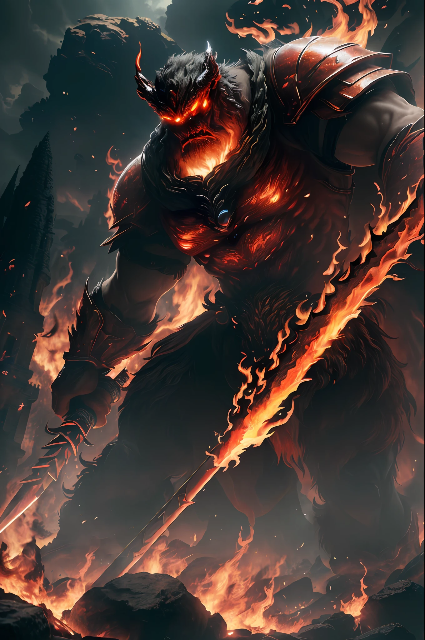 (8k, RAW photo, best quality, masterpiece:1.2), (realistic, photo-realistic:1.37), octane render, ultra high res, ultra-detailed ,professional lighting, photon mapping, radiosity, physically-based rendering, ue5, ((earth giant monster)), ((red glowing ember on giant's body)), ((red eyes)), ((holding flaming sword)), ((burning castle)), ((flaming wings))