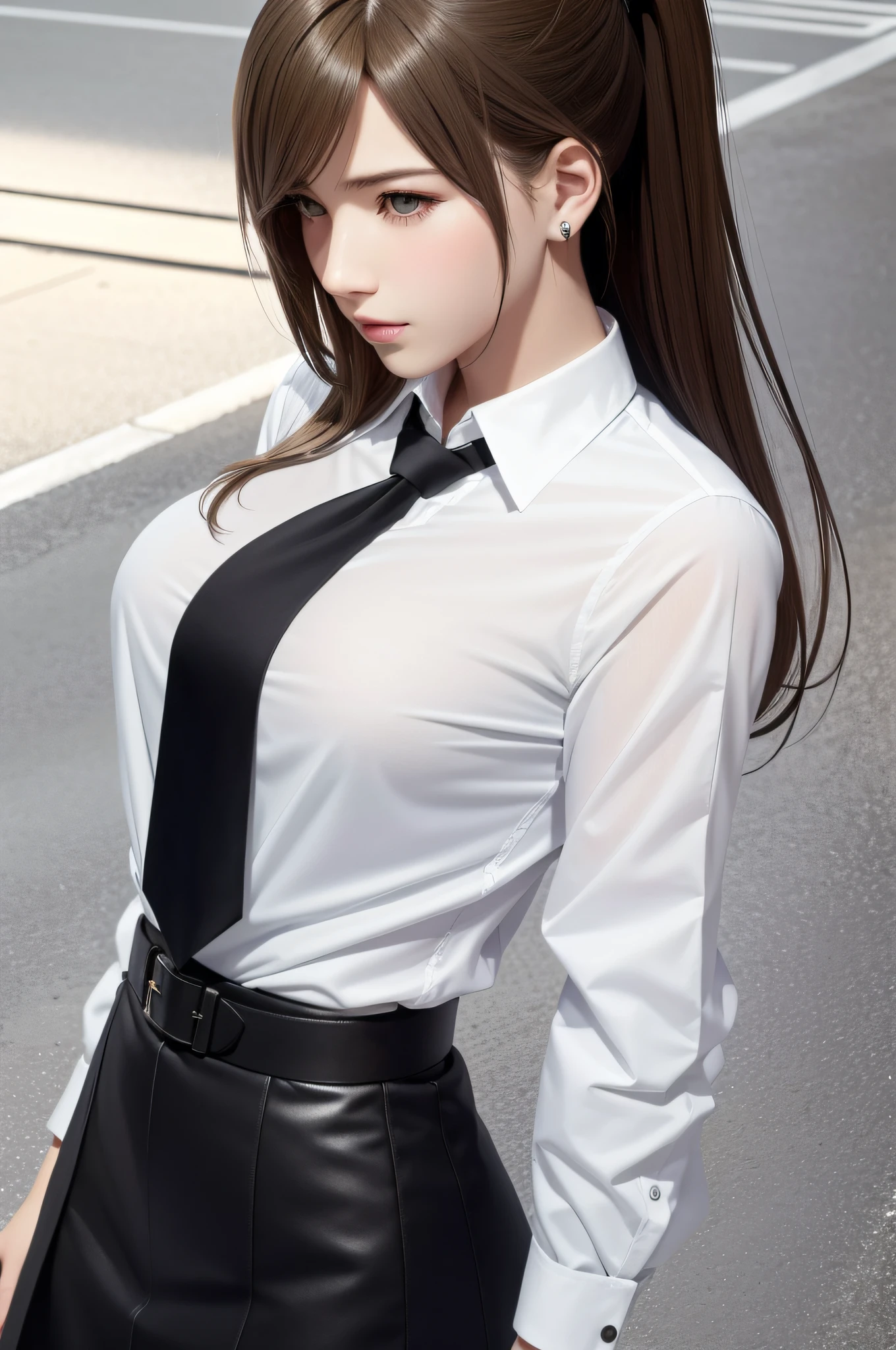(Top Quality, Masterpiece: 1.1), (Real: 1.4), BREAK (((FF7))) (((Tifa))),solo,1girl,face focus:1.2,looking back:1.2,looking up:1.1, BREAK ((Light Brown Hair, Large breasts: 1.2)),(outside, street, Tokyo), 　BREAK (white shirt, collared shirt, black necktie, black trousers, long sleeves),(No Bra)  (Small and beautiful hard nipple), clothed,(shiny oiled skin: 1.4), about 18 years old,