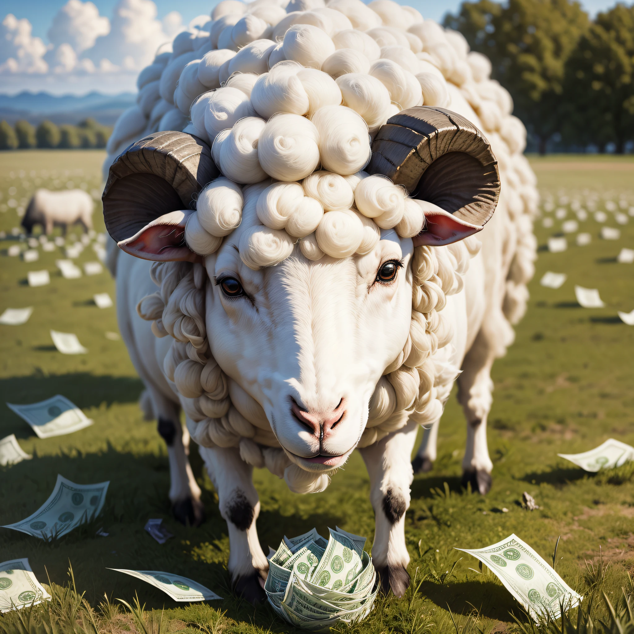 Closeup photograph of a sheep in a field made of money chewing on money bills --auto --s2