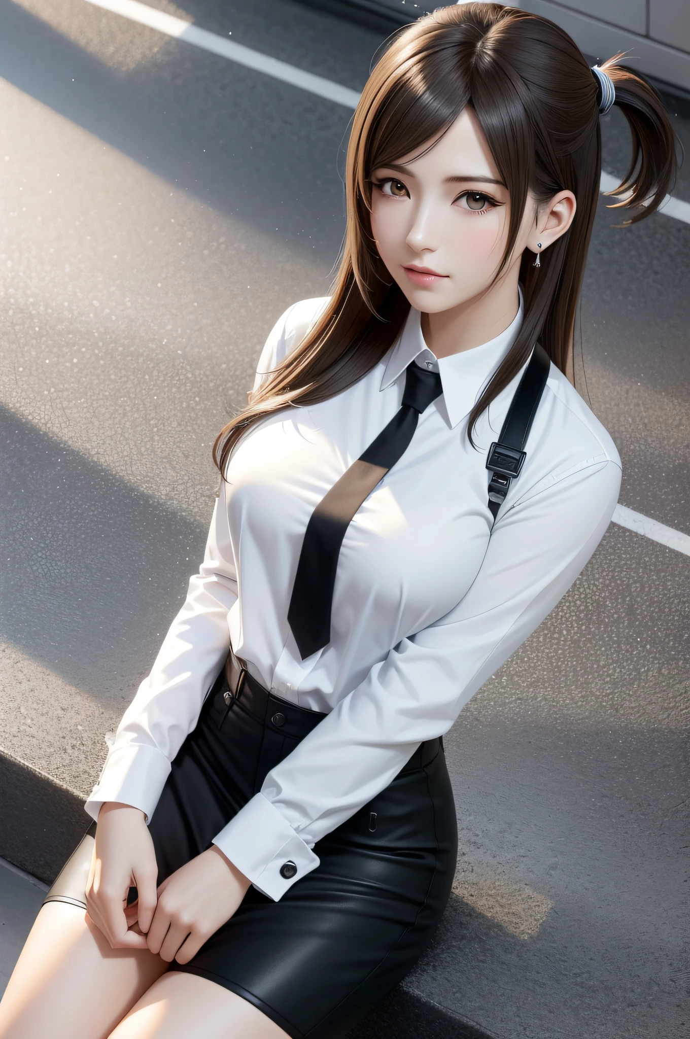 (Top Quality, Masterpiece: 1.1), (Real: 1.4), BREAK (((FF7))) (((Tifa))),solo,1girl,face focus:1.2,looking back:1.2,looking up:1.1, BREAK ((Light Brown Hair, Large breasts: 1.2)),(outside, street, Tokyo), BREAK (white shirt, collared shirt, black necktie, black trousers, long sleeves),(No Bra) (Small and beautiful hard nipple), clothed,(shiny oiled skin: 1.4), about 18 years old,