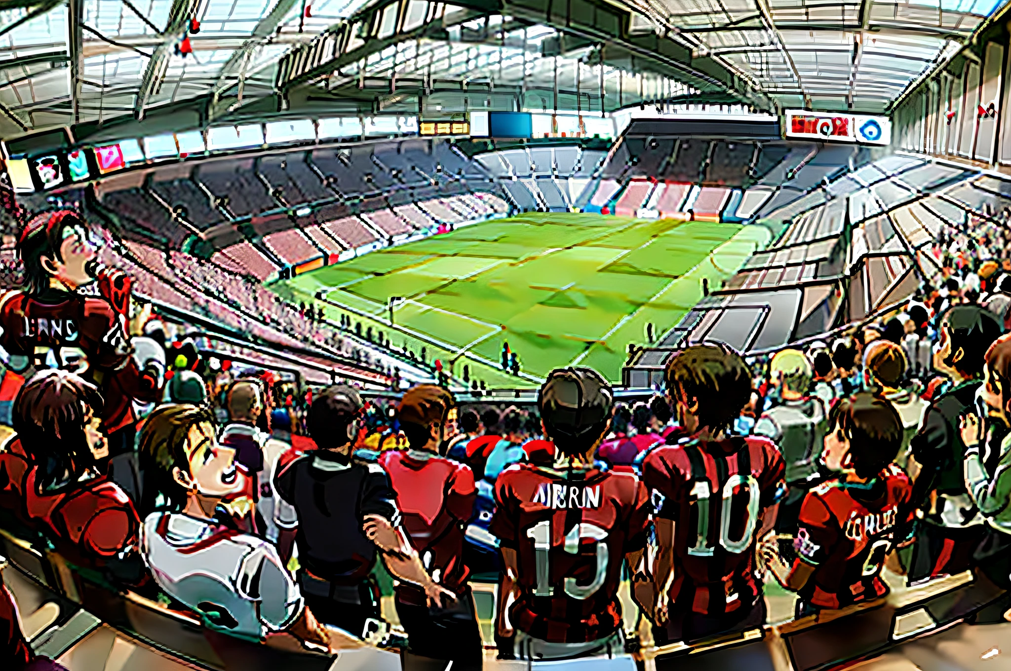 Arafed view of a football stadium with a big crowd of people, stadium full of people, Milan schere, rich atmosphere, the stadium has a full crowd, stunning atmosphere, very epic atmosphere, real atmosphere, the atmosphere is cheerful, Milan jozing, great atmosphere, pic, stunning epic atmosphere, football stadium, crowded stands, beautiful view, beautiful atmosphere, cartoon,  Award-winning photo, Ultra 8K