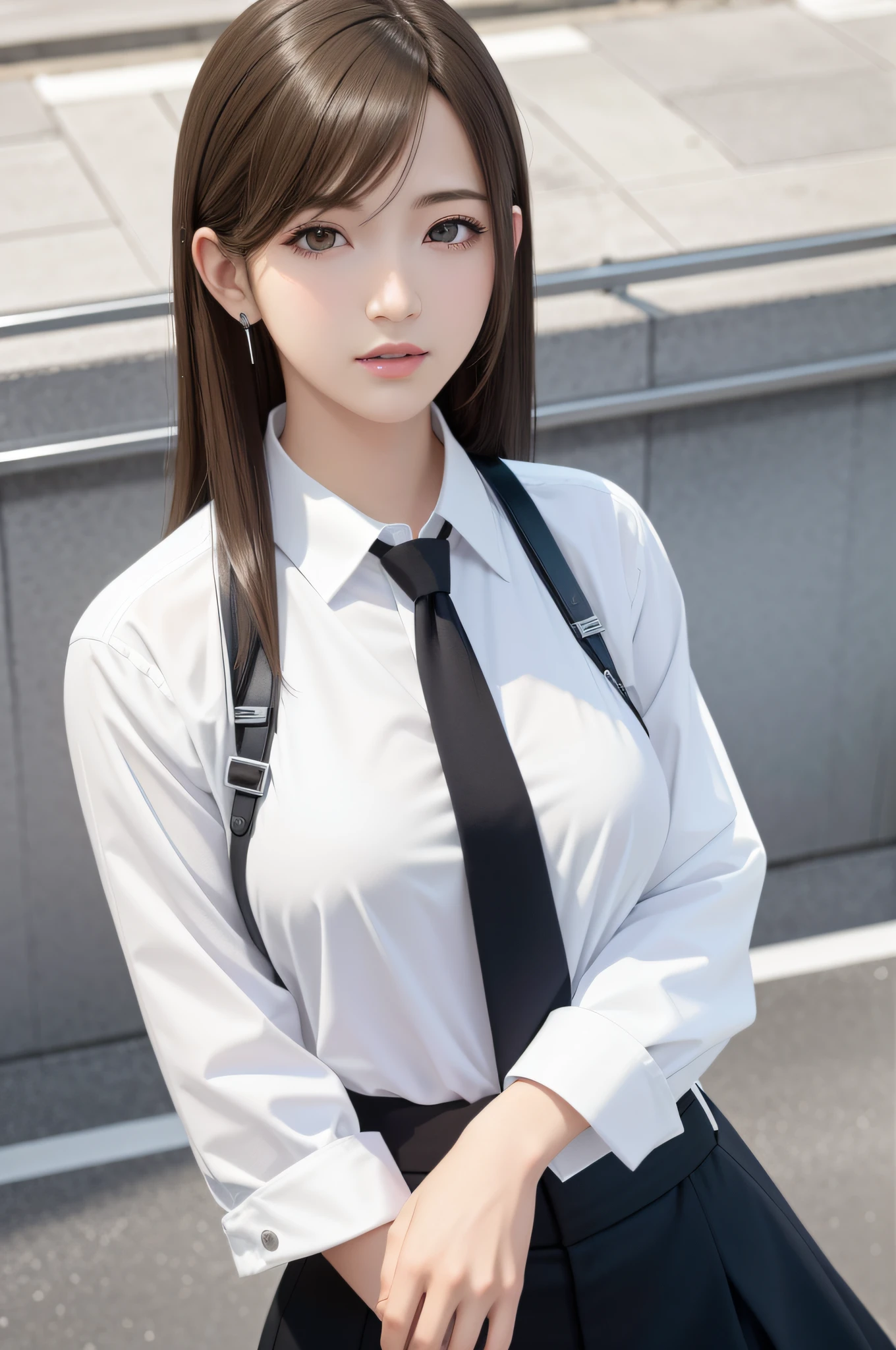 (Top Quality, Masterpiece: 1.1), (Real: 1.4), BREAK (((FF7))) (((Tifa))),solo,1girl,face focus:1.2,looking back:1.2,looking up:1.1, BREAK ((Light Brown Hair, Large breasts: 1.2)),(outside, street, Tokyo), BREAK (white shirt, collared shirt, black necktie, black trousers, long sleeves),(No Bra) (Small and beautiful hard nipple), clothed,(shiny oiled skin: 1.4), about 18 years old,
