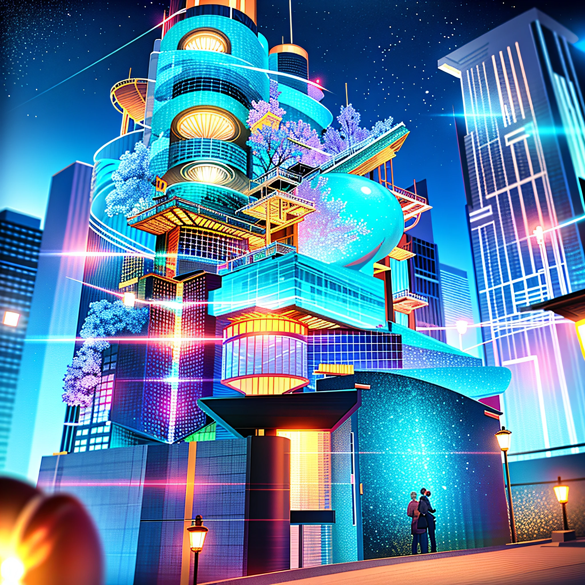 (best quality, masterpiece), epic fantasy concept, a transparent modern building at night like a huge aquarium containing marine life forms, very colorful light decorations, general plan, 8k octane rendering, photorealistic, cinematic lighting, detailed construction, detailed fish