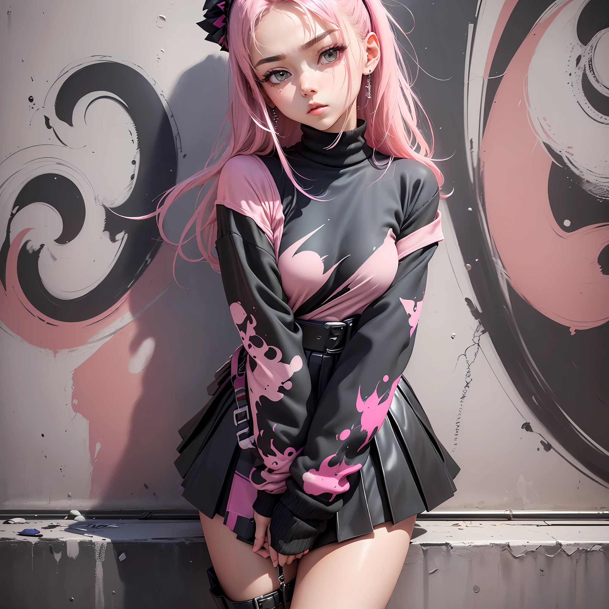 Absurd, top quality, 1 girl, solo, ((women in pink sweaters and black skirts, wide skirts, midi skirts, high waist black skirts, Korean female fashion models, black skirts, intriguing outfits, pink and black, skirts, pink skirts, feminine in cute pastel shades, trendy clothes, elegant girls in urban outfits, Modern fashion outfits),Choker, (graffiti: 1.5), paint splatters, paint graffiti, arms back, lean back, lean back, lean against the wall, (tilt sideways: 0.25), look at the viewer, armbands, thigh straps, striped hair, ((paint on body other than face)), eyes pointing up, head down, head tilting, (from side: 0.75), boredom, ( Expressionless: 0.75 masterpiece, flat background --auto --s2