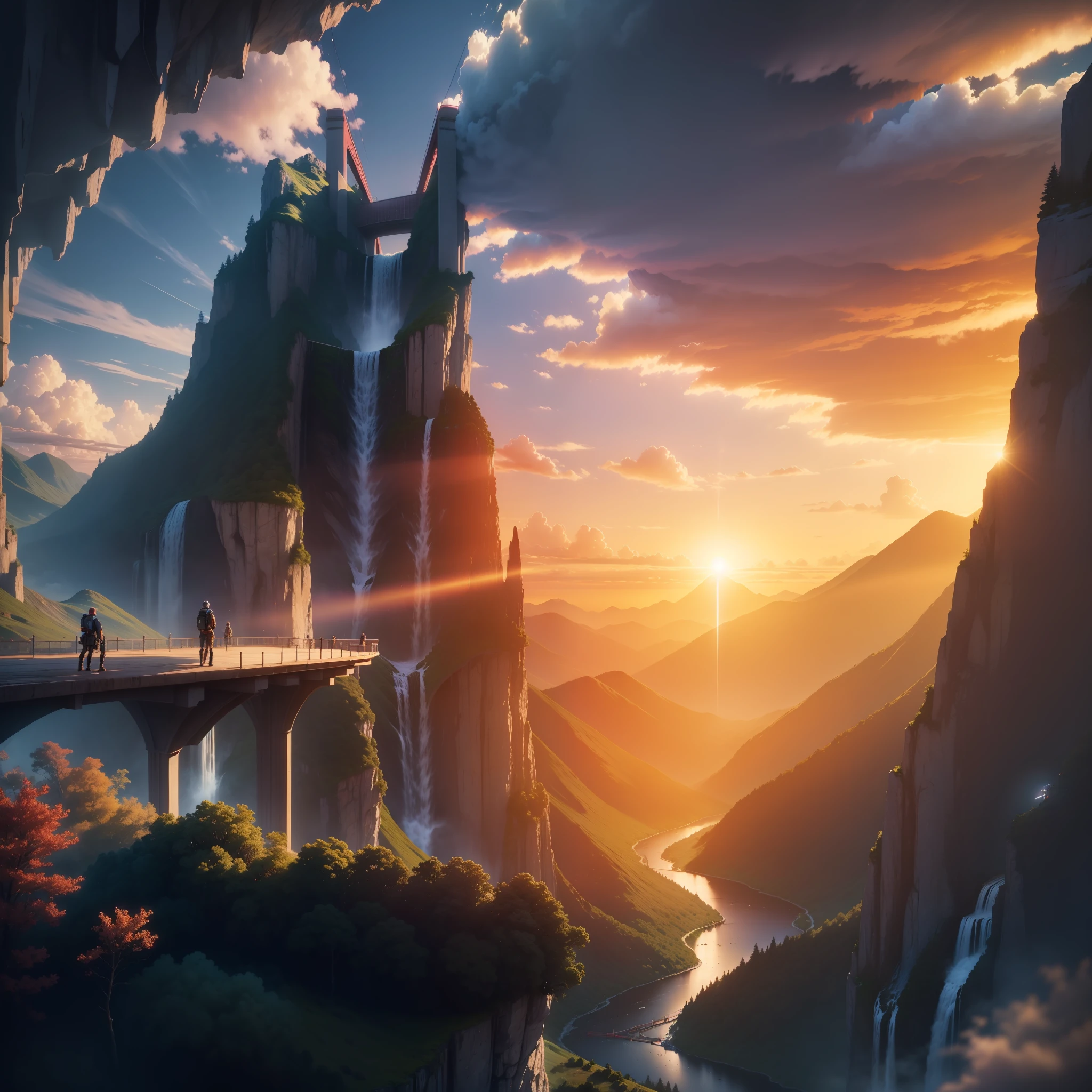 On the mountain, see the waterfall, sunset, humanoid clouds, (Super Bridge:1.2), Verism, ray tracing, panorama, ultra wide angle, ultra hd, masterpiece, super detail, best quality, 8k