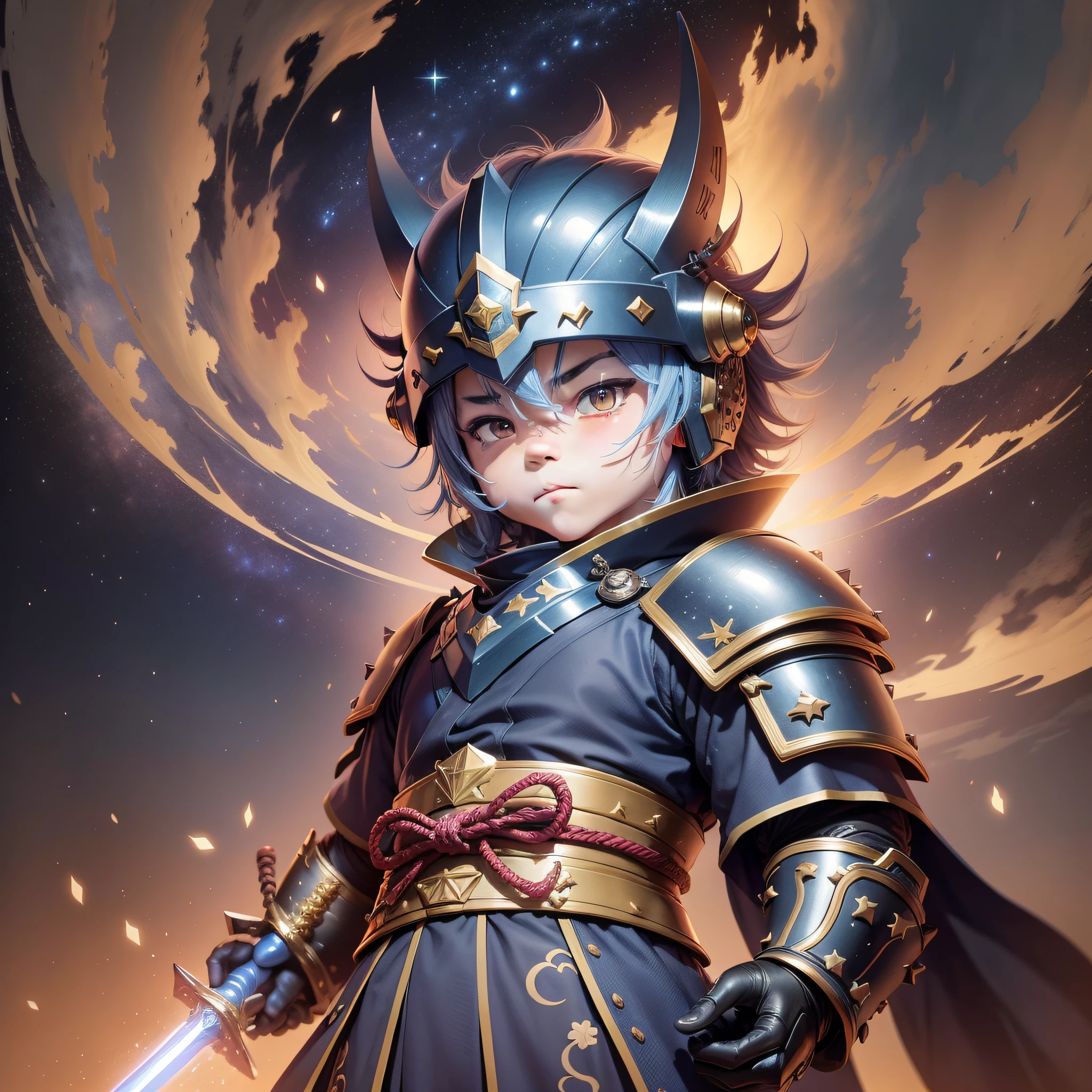 Katsu, the samurai chibi of the stars. He is small, but his sky-blue armor, studded with twinkling stars, makes him an imposing figure. His helmet has a constellation-shaped adornment, and his sword, endowed with a celestial glow, is able to cut through space and summon flaming meteors to decimate his opponents.