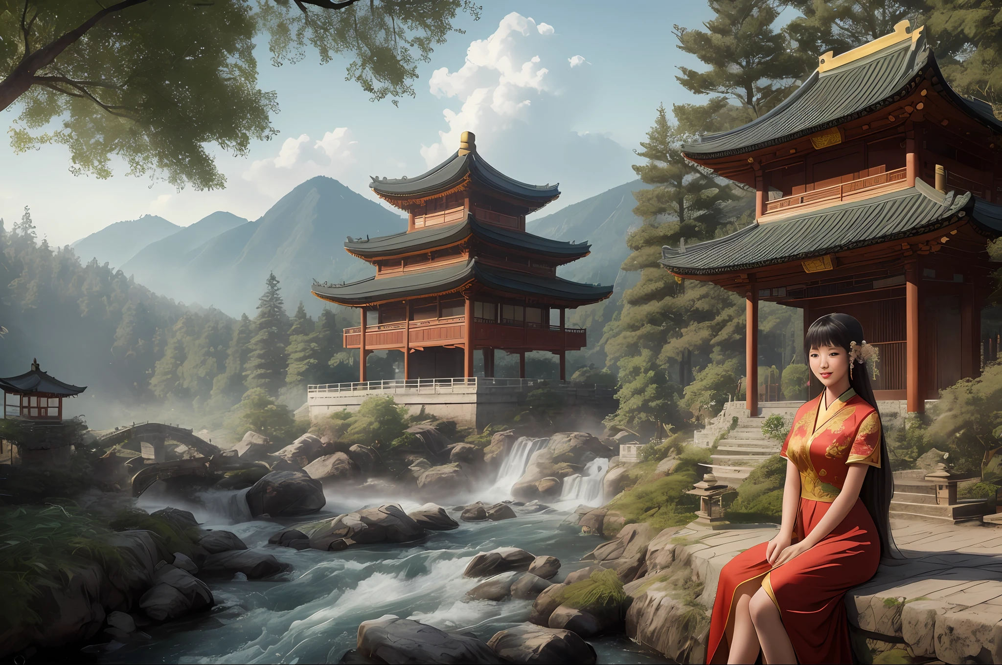 Generate an image of a beautiful girl sitting on a crumbling wall, surrounded by tall pine trees and a river flowing nearby, with misty mountains and lush greenery in the background. The fairy is wearing a red traditional Chinese dress and smiling at the camera, her face illuminated by the morning sunlight filtering through the trees.
(Chinese-style architecture),(Chinese architecture),(raw photo:1.2), (photorealistic:1.4), absurdres, incredibly absurdres, huge filesize , ultra-detailed, highres, extremely detailed,best quality ,masterpiece, illustration, an extremely delicate and beautiful, extremely detailed ,CG ,unity ,8k wallpaper, Amazing, finely detail, masterpiece,best quality, pureerosface_v1,ulzzang-6500-v1.1,