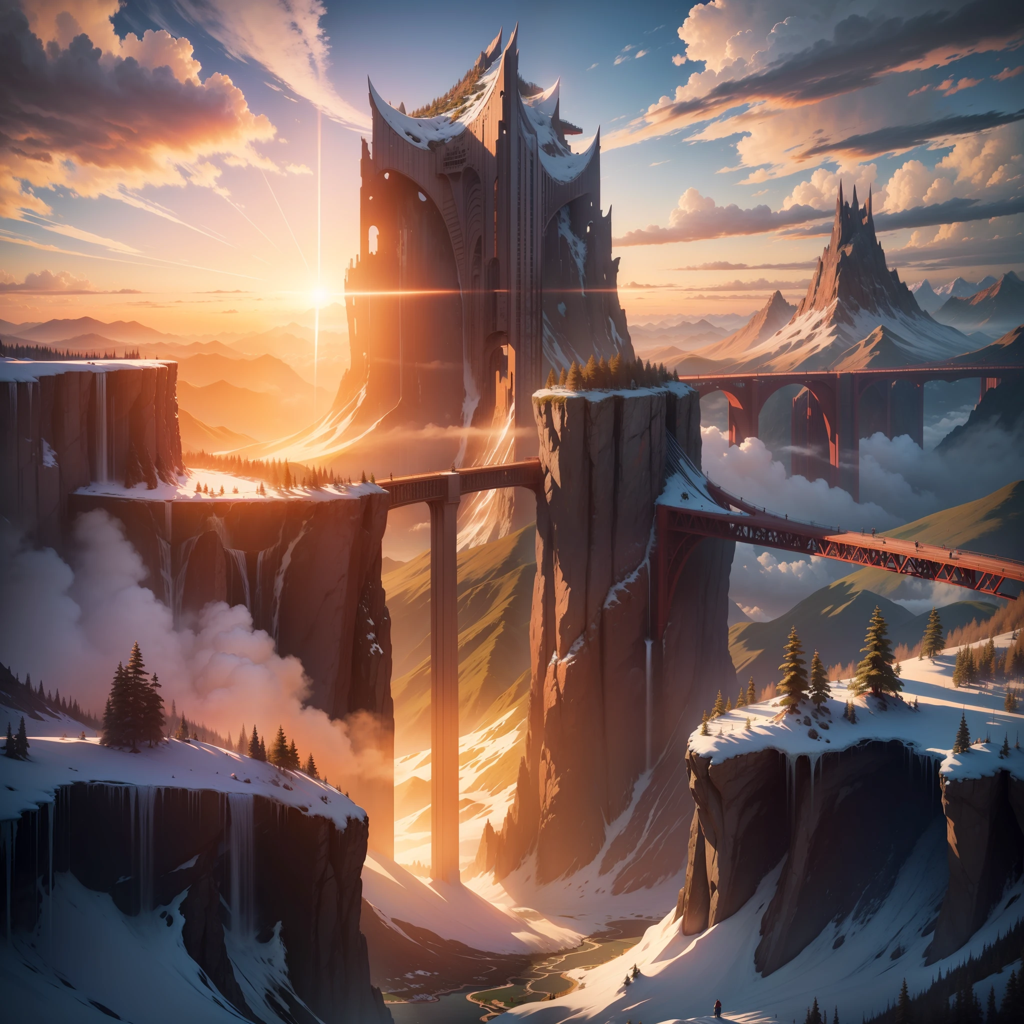 On the mountain, see the waterfall, sunset, humanoid clouds, (Super Bridge:1.2), Verism, ray tracing, panorama, ultra wide angle, ultra hd, masterpiece, super detail, best quality, 8k