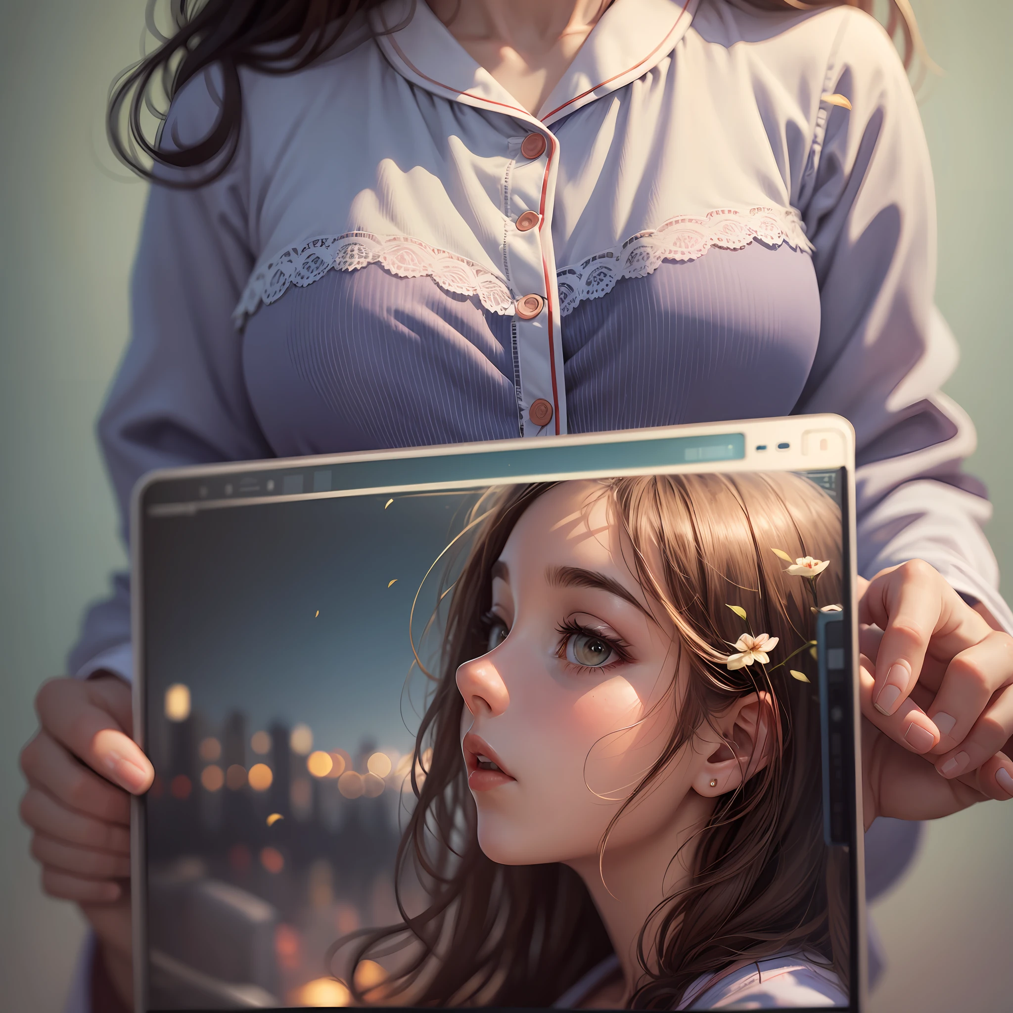 8K, high resolution, best quality, masterpiece, wallpaper, illustration style, 1 woman, film style, pajamas, depth of field --auto --s2
