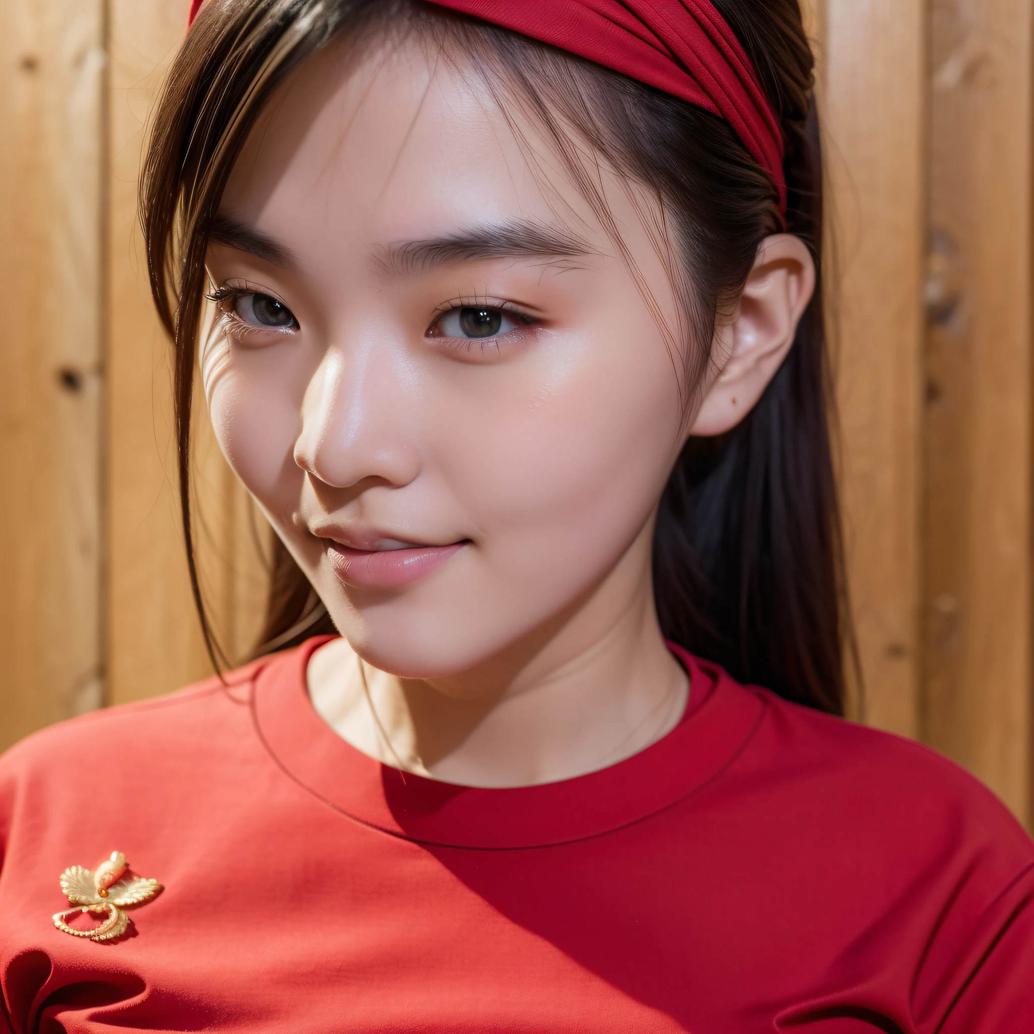 32k, best quality, masterpiece, realistic, ultra detail, photography, HDR, ROW photo, highres, absurdres, smooth light, official art, depth of field, close-up, slender, finely detailed face, smile, beautiful details eyes, 19years old korean, pretty, best quality real texture skin, Red t-shirts, with headband