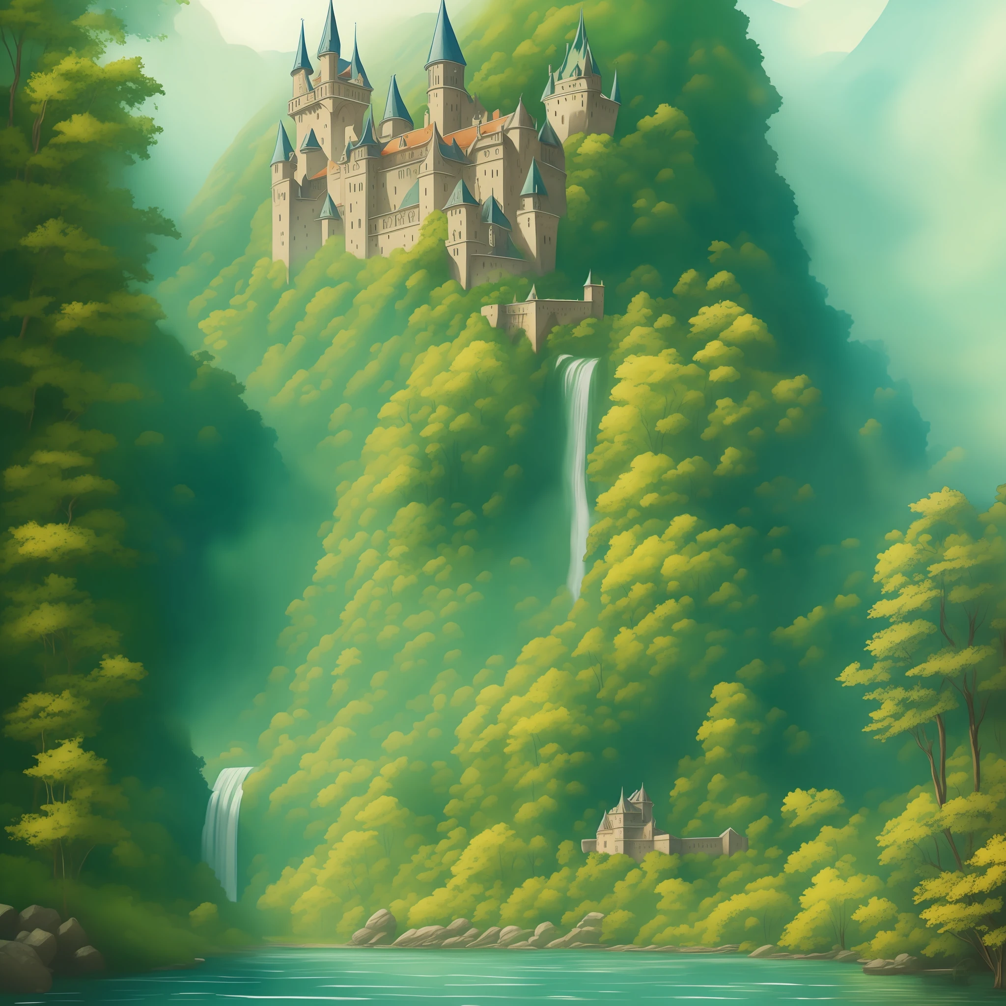 video game land, An enchanting medieval castle nestled on a cliff overlooking a serene and misty landscape, surrounded by lush green forests, a cascading waterfall, and a winding river, evoking a feeling of tranquility and grandeur, Painting, watercolor on paper