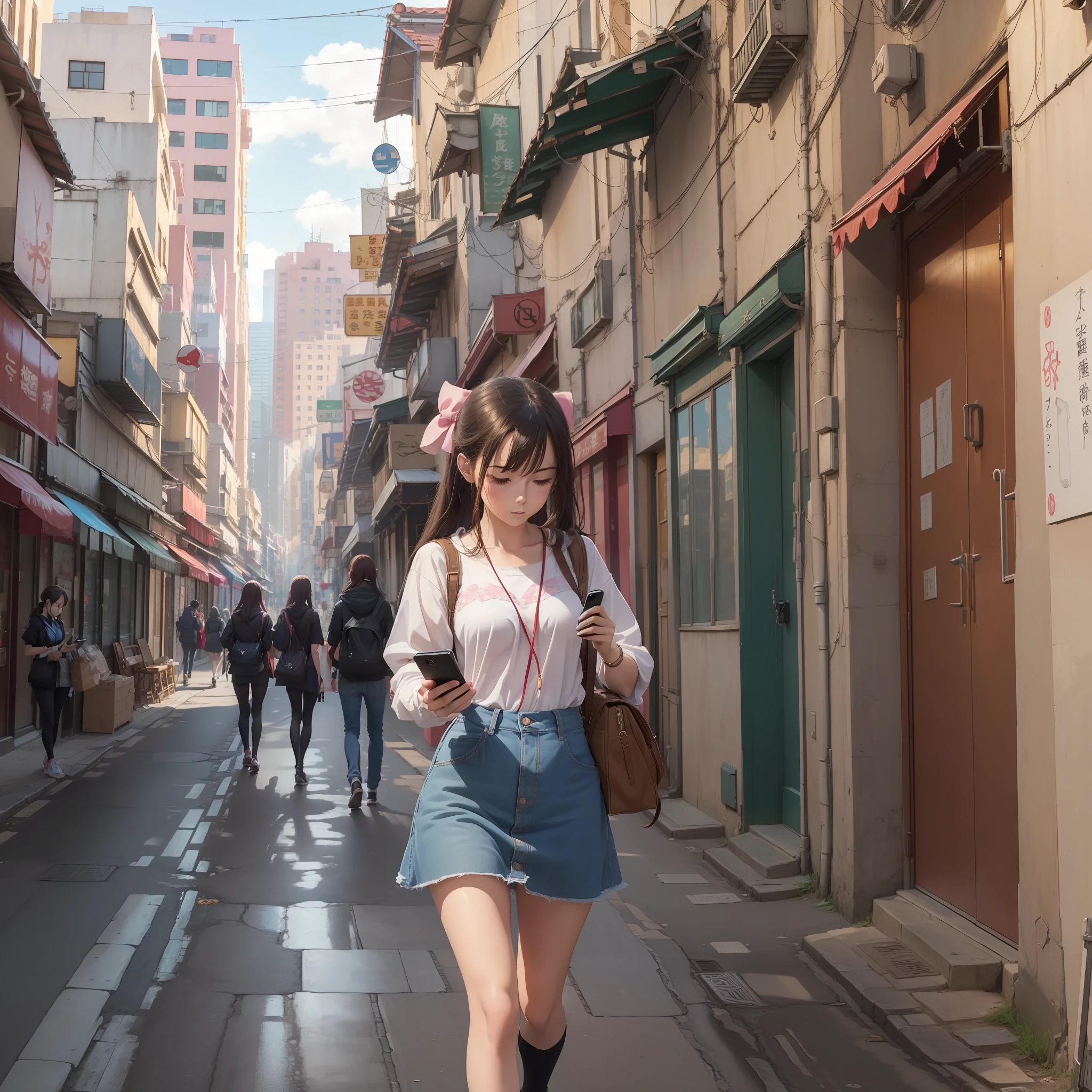 (((best quality,8k, masterpiece))) A girl walking down the street using cell phone ((anime version)) --auto --s2