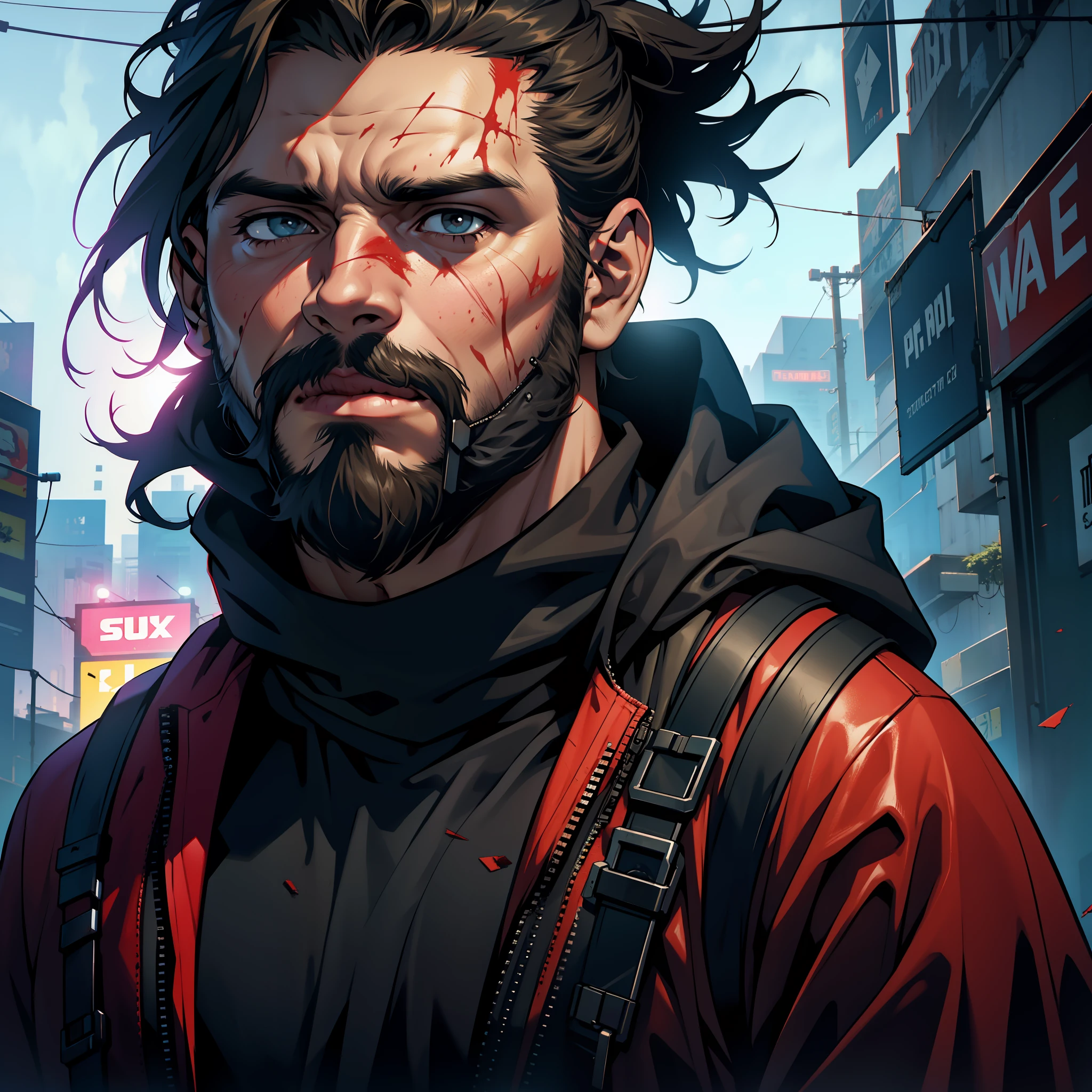 A 40-year-old man bearded and bleeding in an apocalypse, 4k, artwork, cyberpunk, realistic style