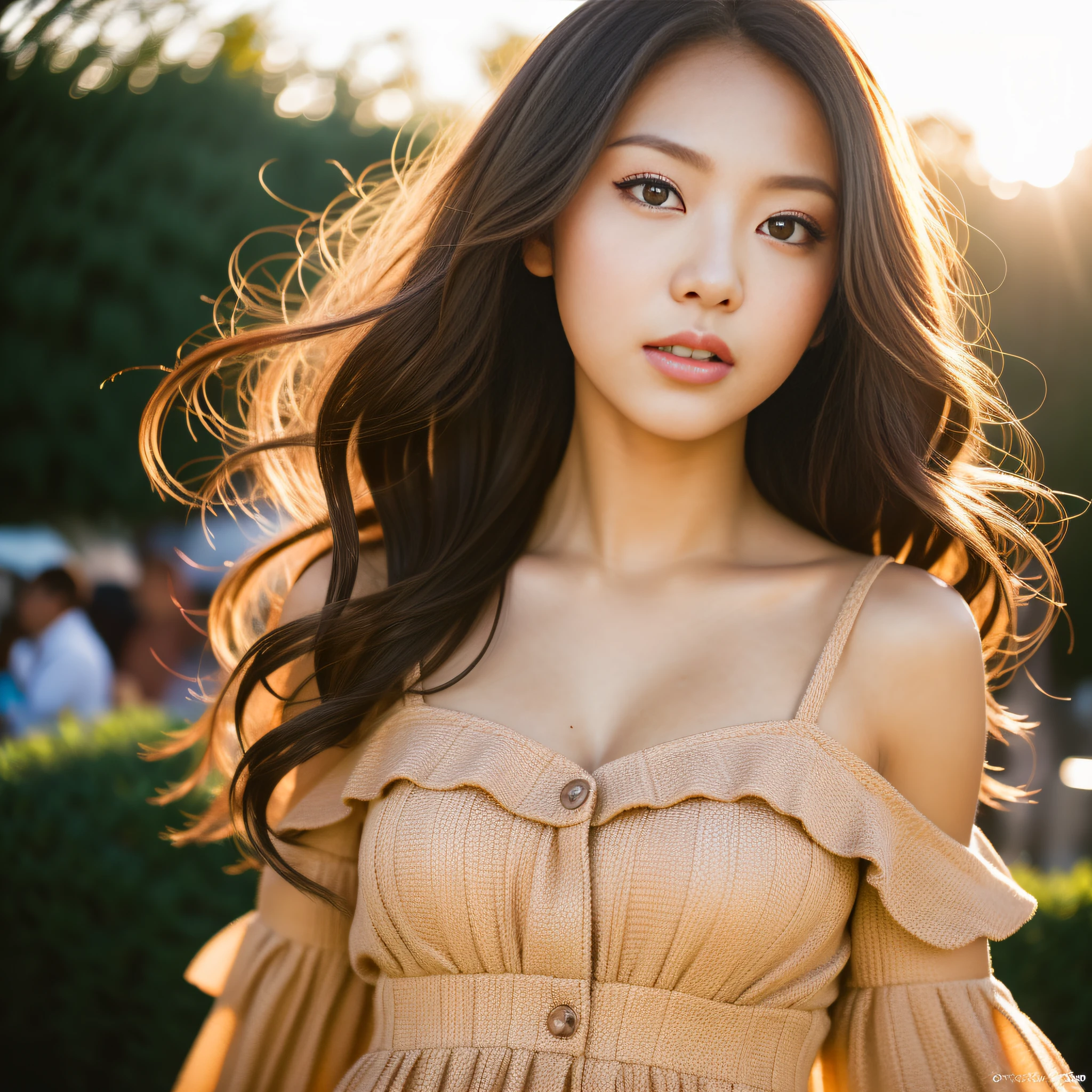 Photographic portrait of dark-skinned gyaru  wearing comme des garcons dress, glowing skin, Sony α7, 35mm Lens, f1.8, film grain, golden hour, soft lighting,