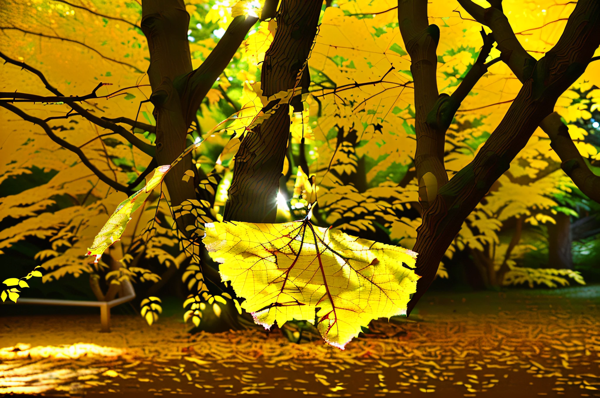 there is a yellow leaf hanging from a tree branch, glowing leaves, backlight leaves, against a deep black background, sheltering under a leaf, with a bright yellow aureola, on a black background, translucent leaves, yellow and green, on a dark background, on black background, with a black dark background, backlit glow, photographed