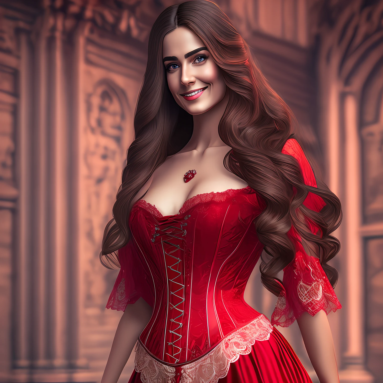 Beautiful woman with very long hair.happy face. Dressed in red lace corset. Photorealistic, hyperdetailed, high quality, 8k --auto --s2