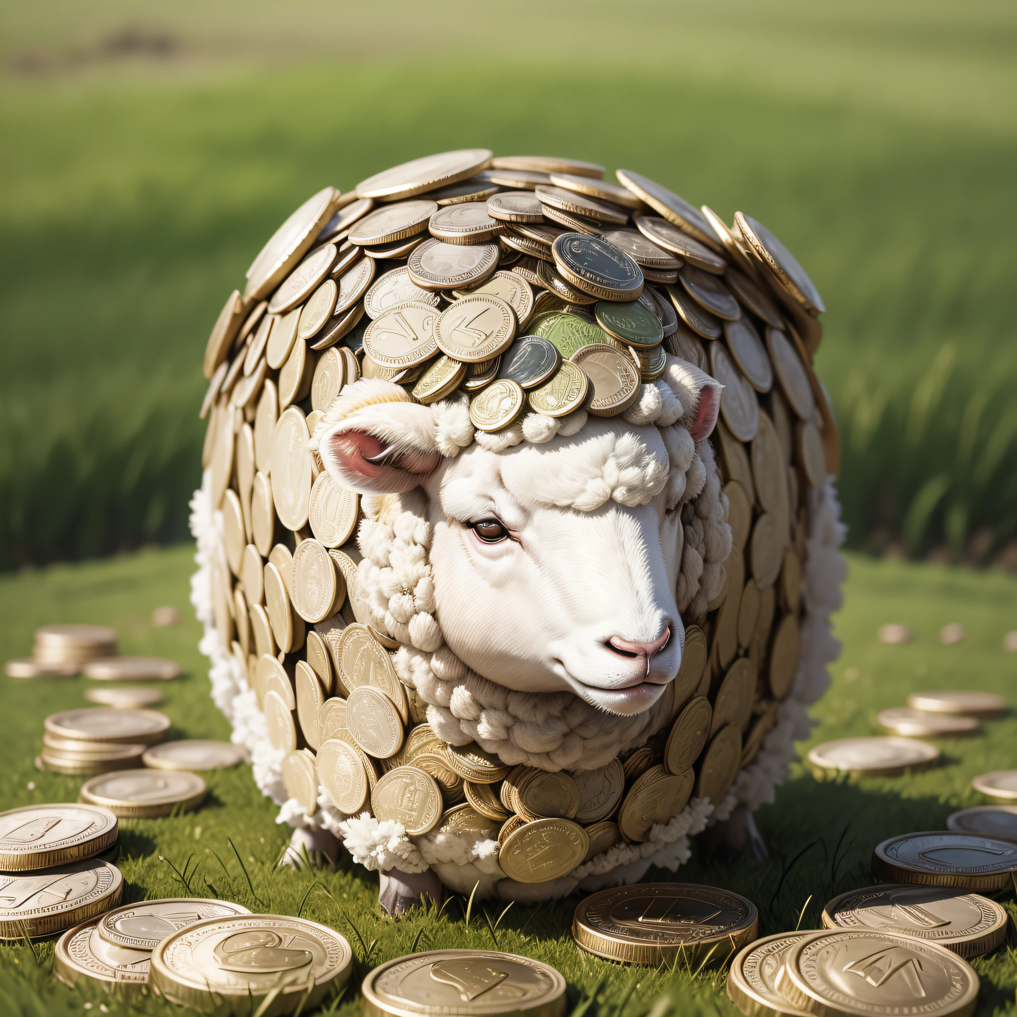 HQ style drawing closeup of a sheep in a field made of coins chewing on money notes --auto --s2
