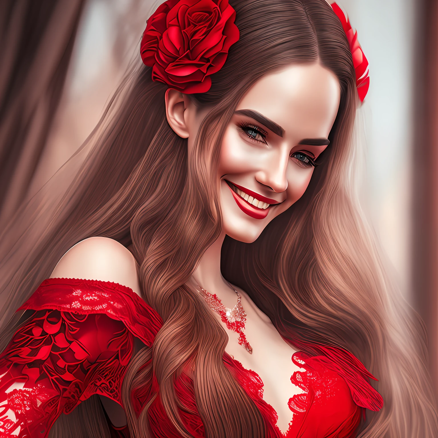 Beautiful woman with very long hair.happy face. Dressed in red lace corset. Photorealistic, hyperdetailed, high quality, 8k --auto --s2