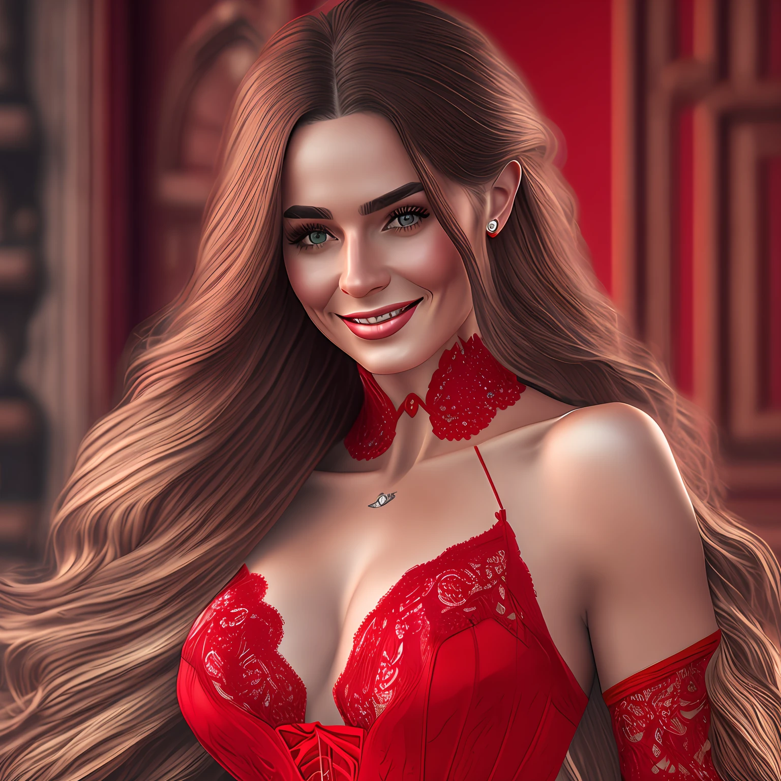 Beautiful woman with very long hair.happy face. Dressed in red lace corset. Photorealistic, hyperdetailed, high quality, 8k --auto --s2