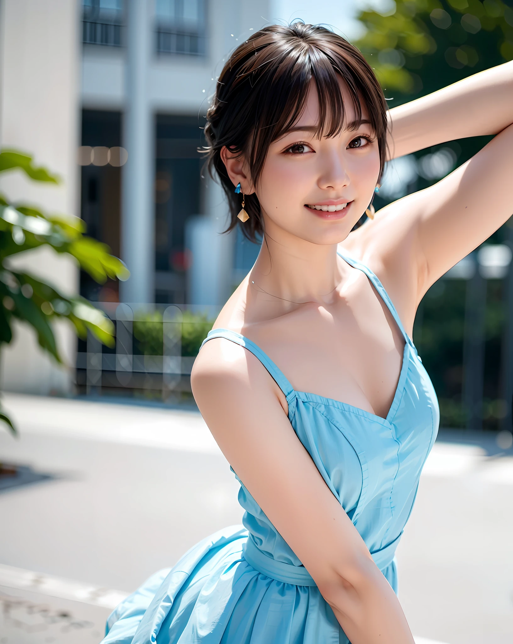 a woman posing on the street corner with light blue dress on, best quality, 1girl, large breasts, day, bright, blur background, bokeh, outdoor, (street:0.8), (people, crowds:1), (lace-trimmed dress:1.5, sleeveless dress, light blue clothes, light blue high-neck dress:1.2, blue dress: 1.5), gorgeous, (short hair, forehead:1.2), beautiful detailed sky, earrings, (dynamic pose:1.2), (upper body:0.8), soft lighting, wind, shiny skin, smile,