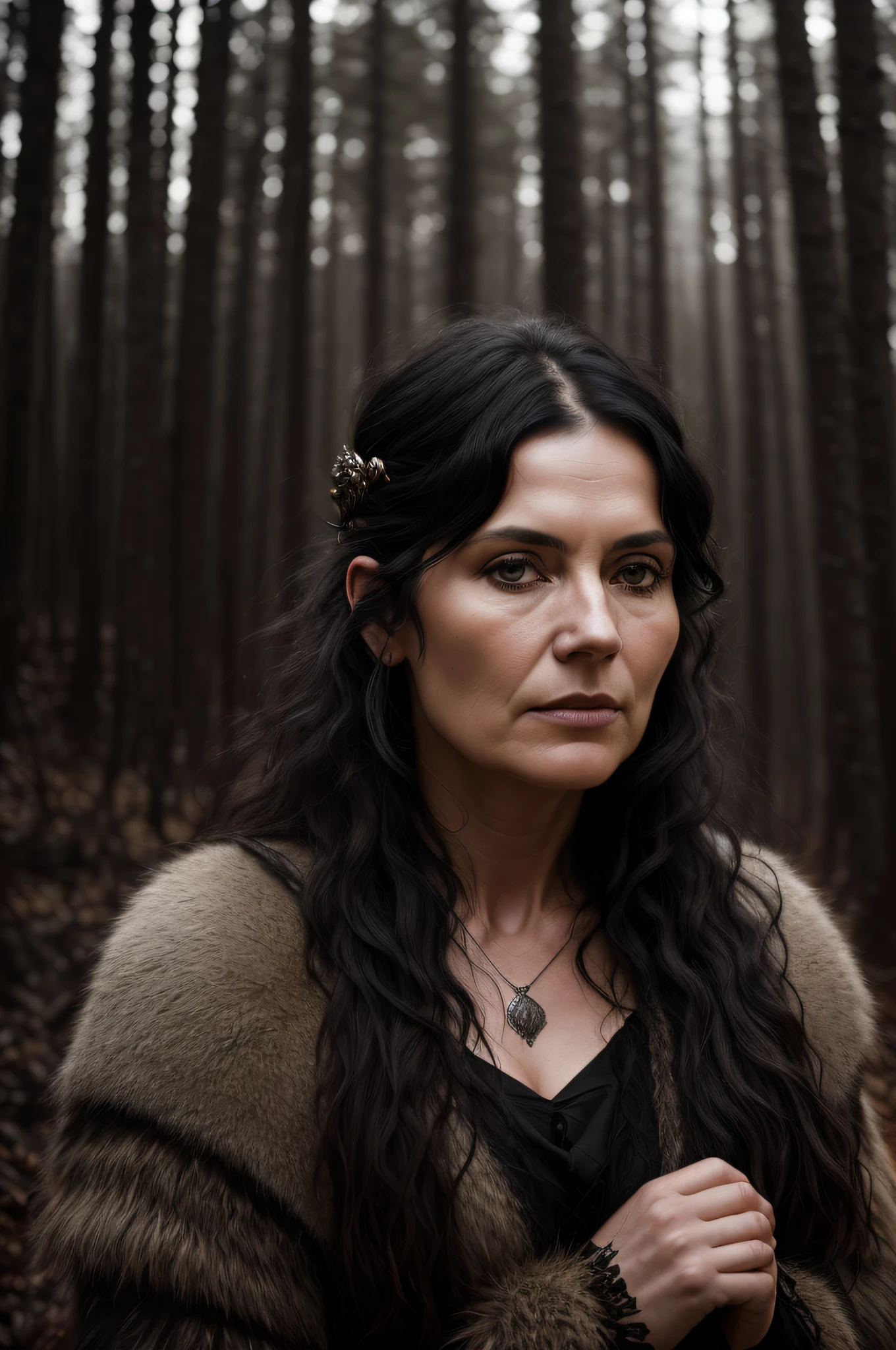 Award-winning close-up photo of 60-year-old Viking woman 85 kg wavy black hair posing in a burning dark forest, looking at a camera, (cinematic:1.5), realistic epic, hyperdetailed, insane details, intricate details, accent lighting, soft volumetric light, bokeh, (dramatic light:1.2), (neutral colors:1.3)