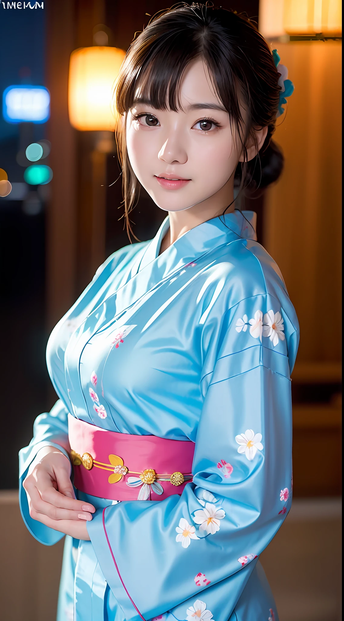 (yinchuan:1.5), close-up, masterpiece, best quality, raw photo, photorealistic, big breasts, beautiful face, soft smile, 20 year old girl, yukata in floral fabric in light blue, night, depth of field, high resolution, ultra detail, fine detail, highly detailed, highly detailed eyes and face, sharp pupils, realistic pupils,