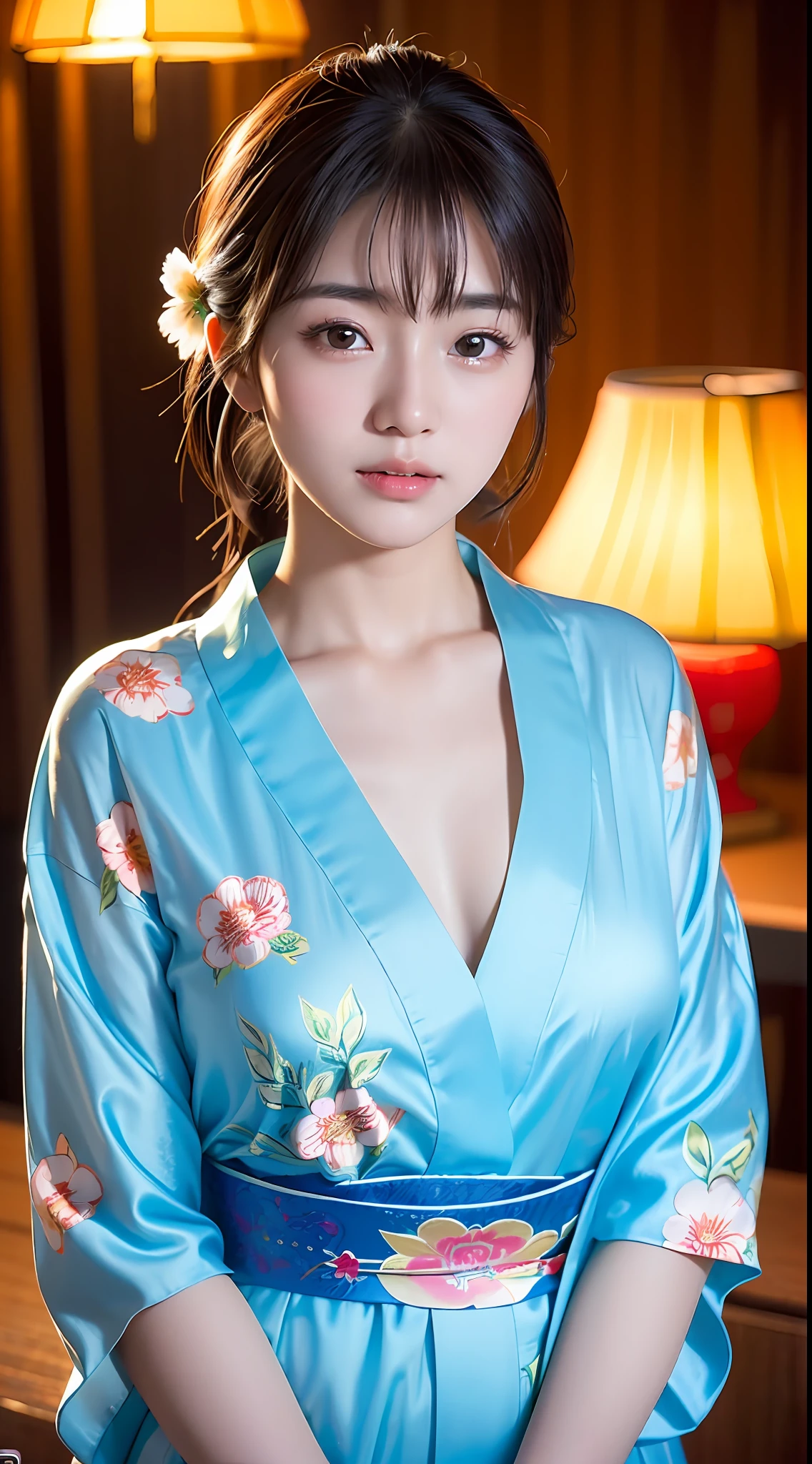 (yinchuan:1.5), close-up, masterpiece, best quality, raw photo, photorealistic, big breasts, beautiful face, soft smile, 20 year old girl, yukata in floral fabric in light blue, night, depth of field, high resolution, ultra detail, fine detail, highly detailed, highly detailed eyes and face, sharp pupils, realistic pupils,