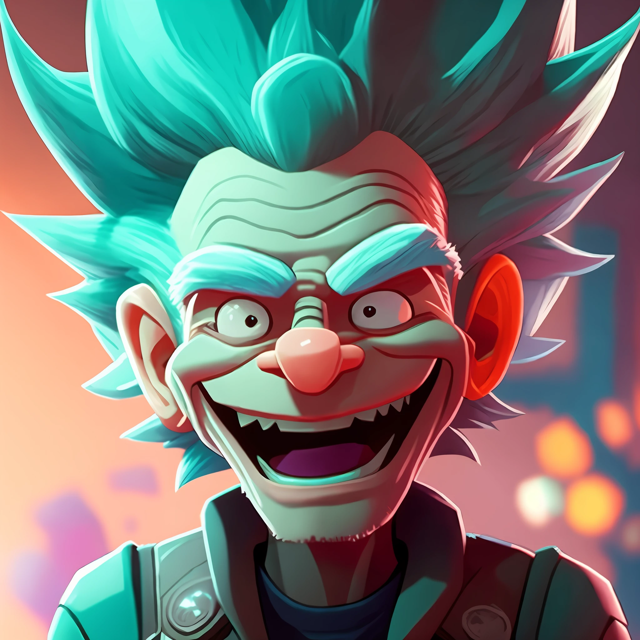 a cartoon character with a blue hair and a green face, portrait art of rick sanchez, high detail iconic character, closeup character portrait, portrait of rick sanchez, stylized game art, stylized 3 d, epic art style, detailed game art, ultra detailed game art, character portrait closeup, close up character, epic digital art illustration, epic character portrait, cartoon art style