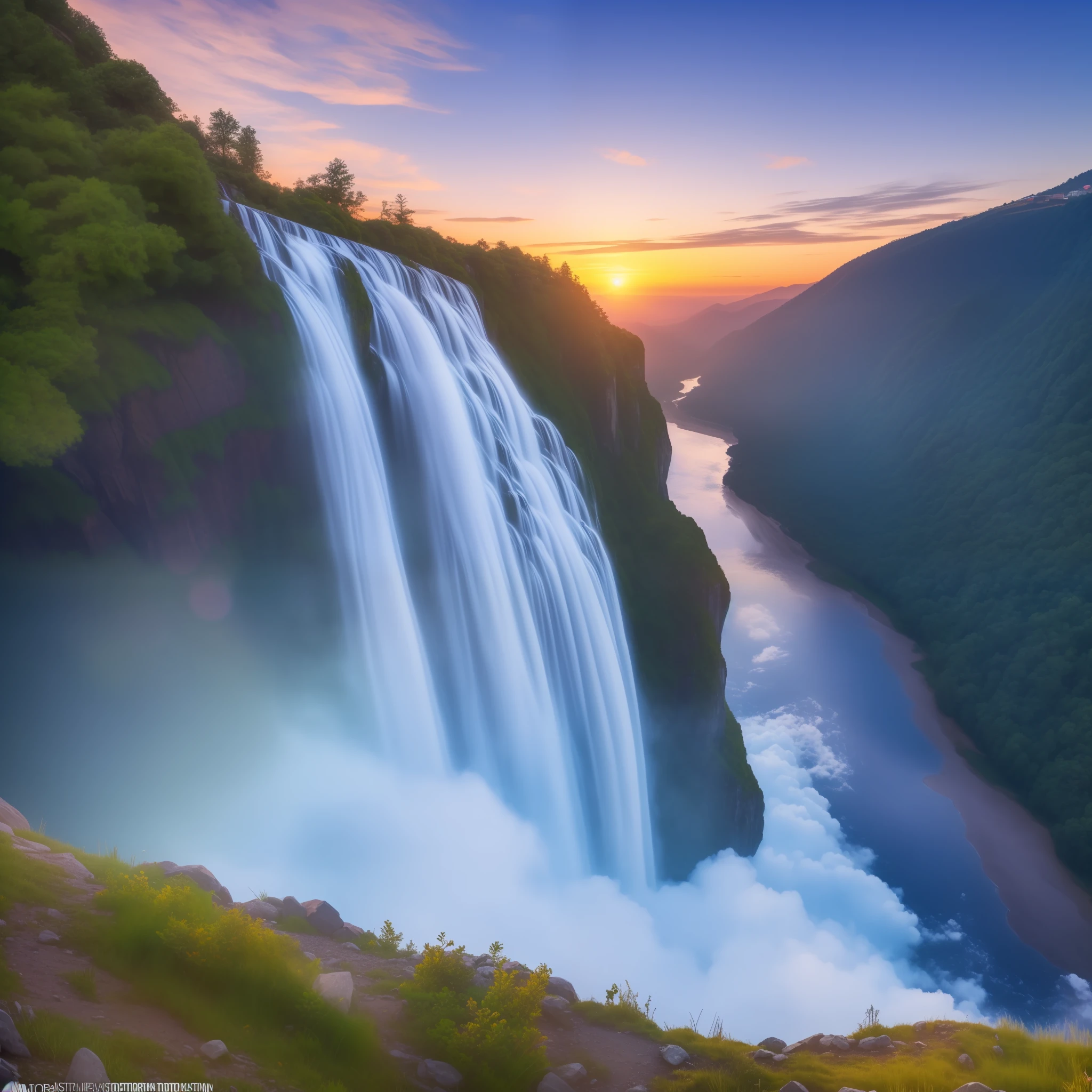 (8k, RAW photo, photorealistic:1.25) , on the mountain, see the waterfall, sunset, humanoid cloud, Verism, ray tracing, panorama, ultra wide angle, ultra hd, masterpiece, super detail, best quality
