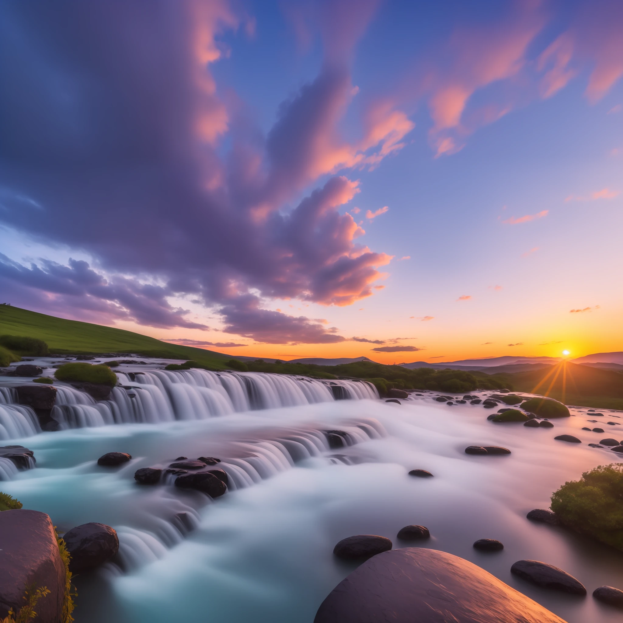 (8k, RAW photo, photorealistic:1.25) , on the mountain, see the waterfall, sunset, humanoid cloud, Verism, ray tracing, panorama, ultra wide angle, ultra hd, masterpiece, super detail, best quality
