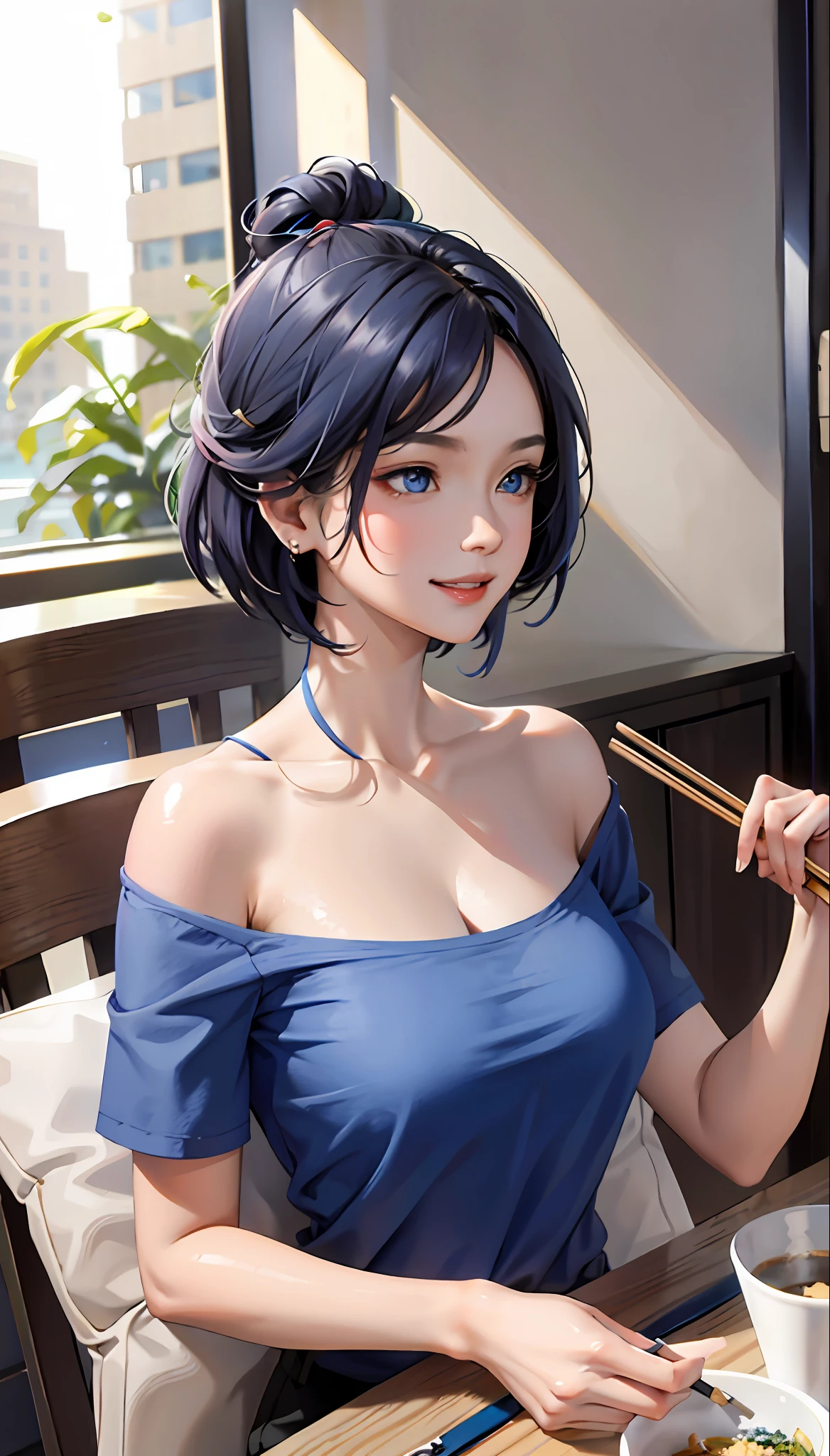 (masterpiece:1.2, best quality), (1lady, solo, upper body:1.2), clothing: blue T-shirt Accessories: hair card, chopsticks in hand, bowl of rice Hair: Dark blue shoulder-length short hair Makeup: Natural, glowing skin, behavior: relaxed, carefree, free-spirited, smiling, eating Location: sitting at a table, blue eyes, huge breasts,