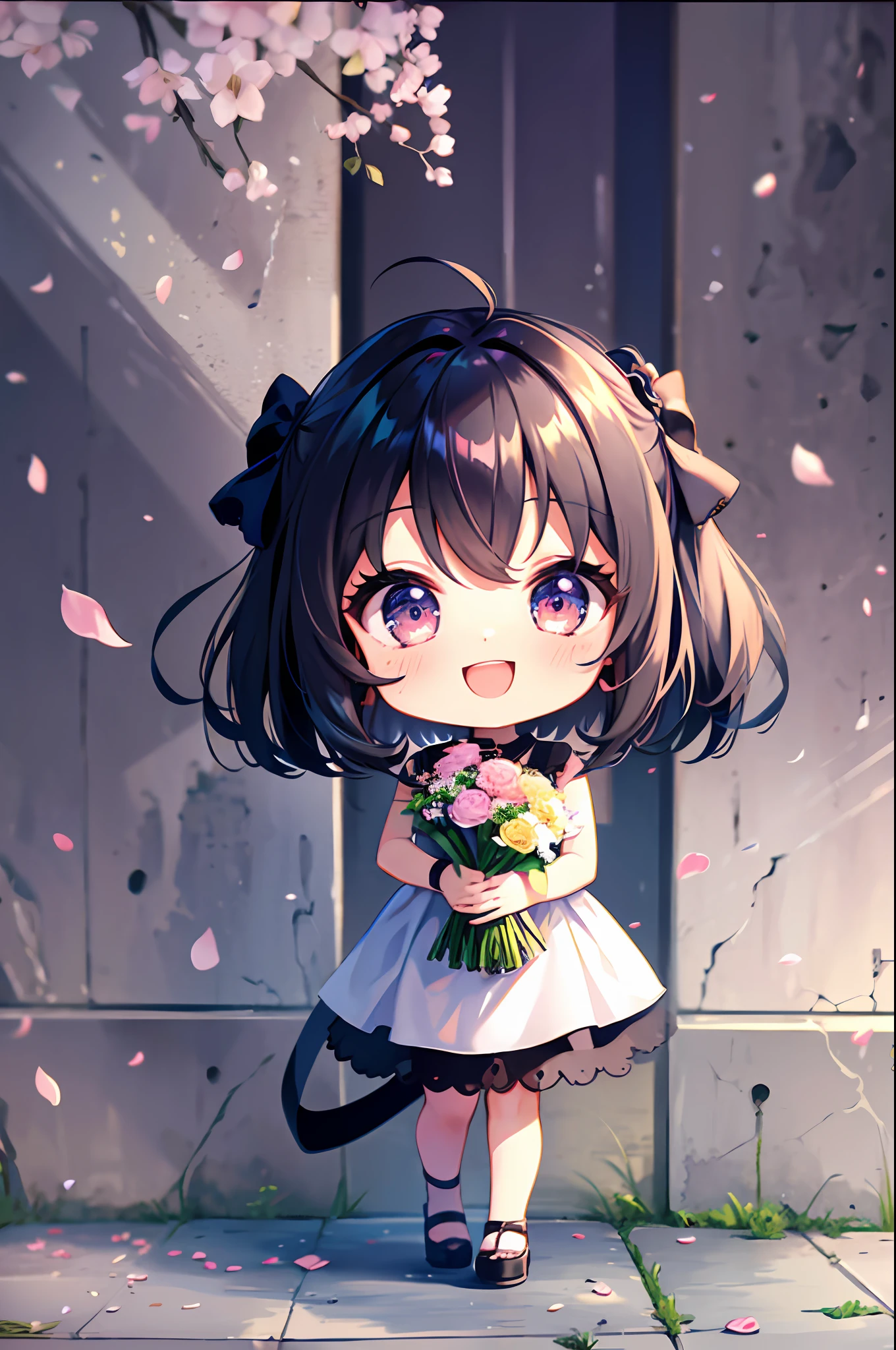 (Chibi: 1.3), happy, (holding a bouquet), full body,