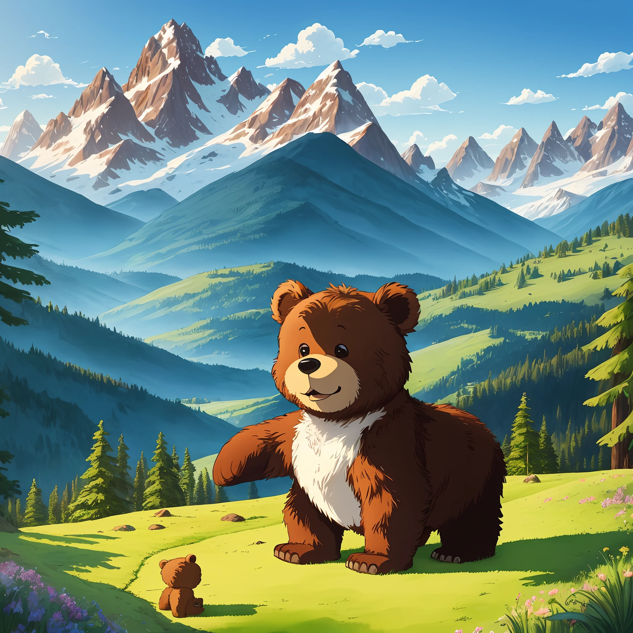 An ultra-detailed, high-quality digital painting in the caricature style, featuring a single adorable brown bear cub protagonist, like the boog bear from the movie Open Season, surrounded by a natural and majestic landscape with tall trees, mountains in the distance and a beautiful blue sky. Watercolor style, pastel colors, illustrated children's book.