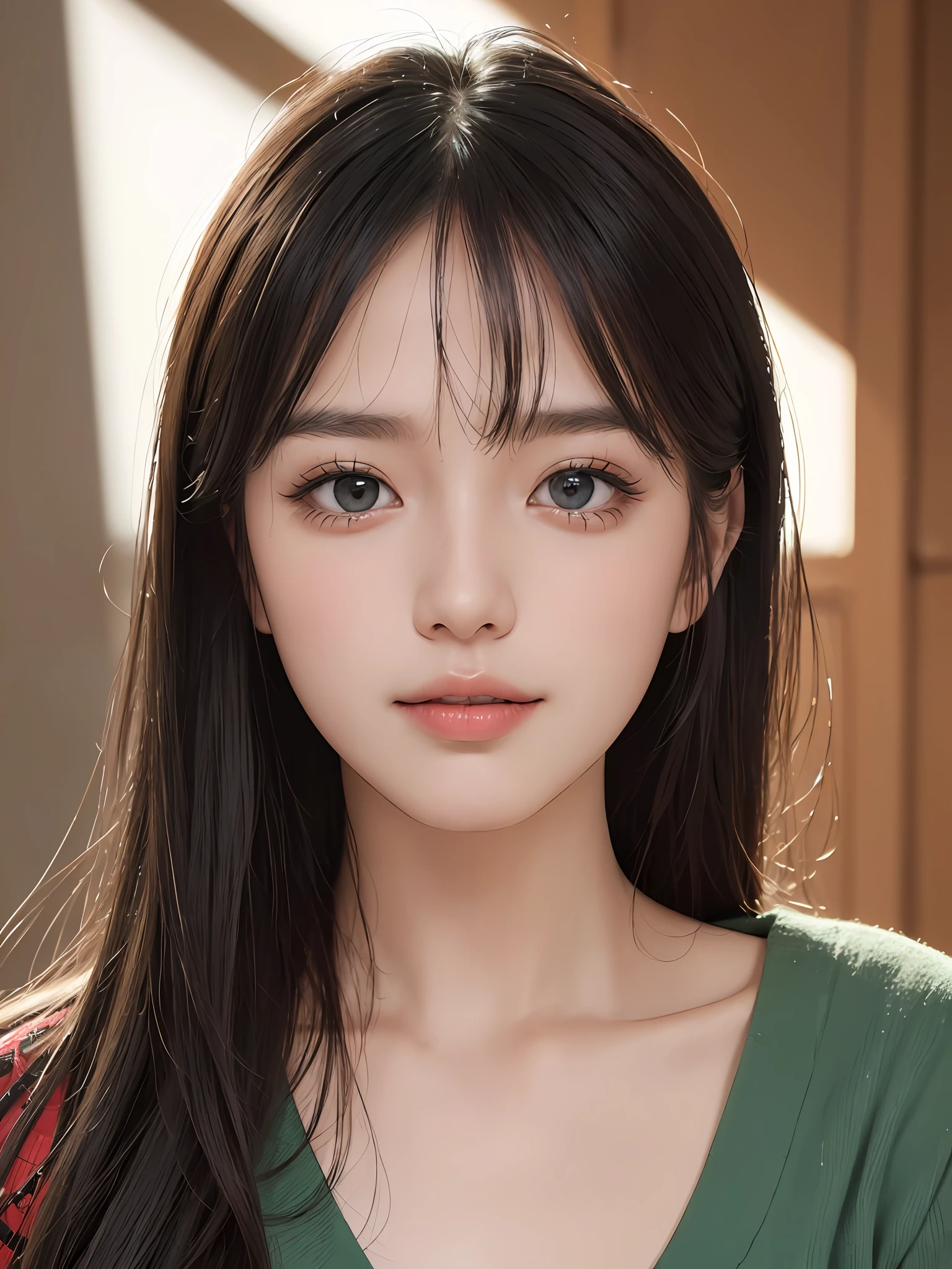 masterpiece, best picture quality, high quality, beautiful girl, Japanese, Japanese school girl, popular Korean makeup, detailed, swollen eyes, detailed eyes, detailed skin, beautiful skin, ultra high resolution, (reality: 1.4), very beautiful, slightly younger face, beautiful skin, slender, (ultra realistic), (illustration), (high resolution), (8K), (highly detailed), (best illustration), (beautifully detailed eyes), (super detailed), (wallpaper), (detailed face), looking at viewer, fine details, detailed face, pureerosfaceace_v1, smiling, looking straight ahead, looking straight ahead, angle from waist up, realistic photo, bright lighting, professional lighting, black hair (some green), long hair, dark ruins, big red moon, gorgeous red and black dress, mature woman, long stylish bangs,