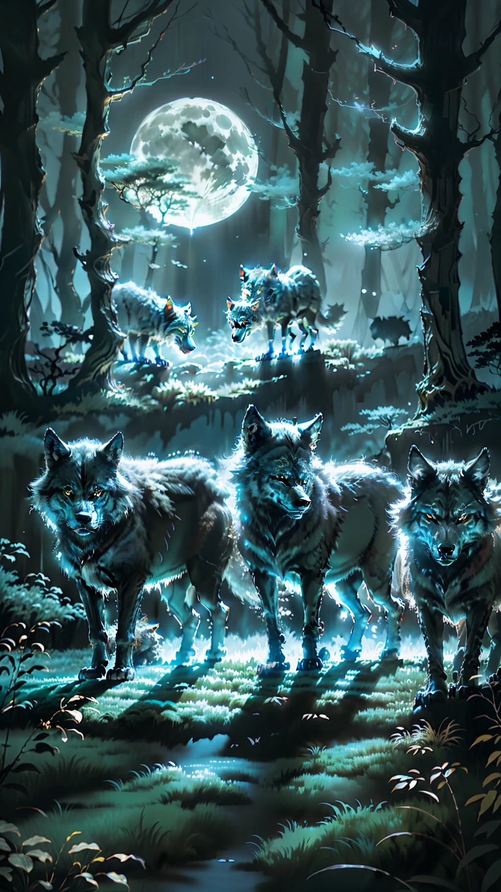 Pack of wolves, dr will put black, white, blue. Night forest, full moon in the background.