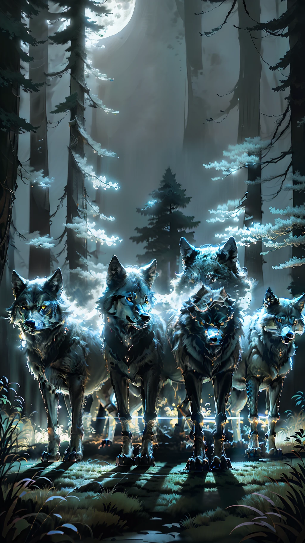 Pack of wolves, dr will put black, white, blue. Night forest, full moon in the background.