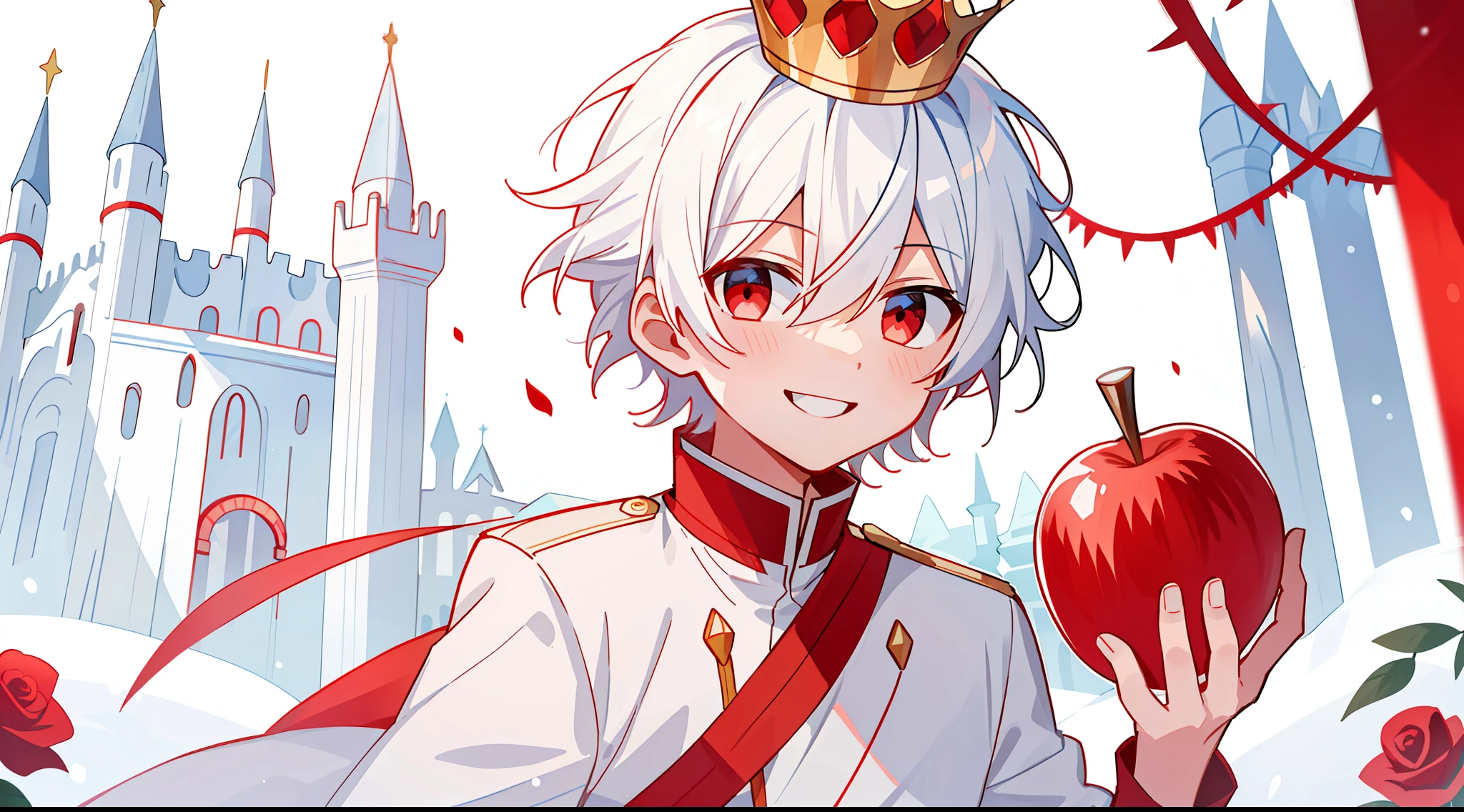 (high-quality, breathtaking),(expressive eyes, perfect face), 1boy, solo, short, young boy, short hair, white hair, red eyes, smiling, white snow prince outfit wear short shorts, ice castle, snow, crown, frost, red roses, vines, hold one red apple,