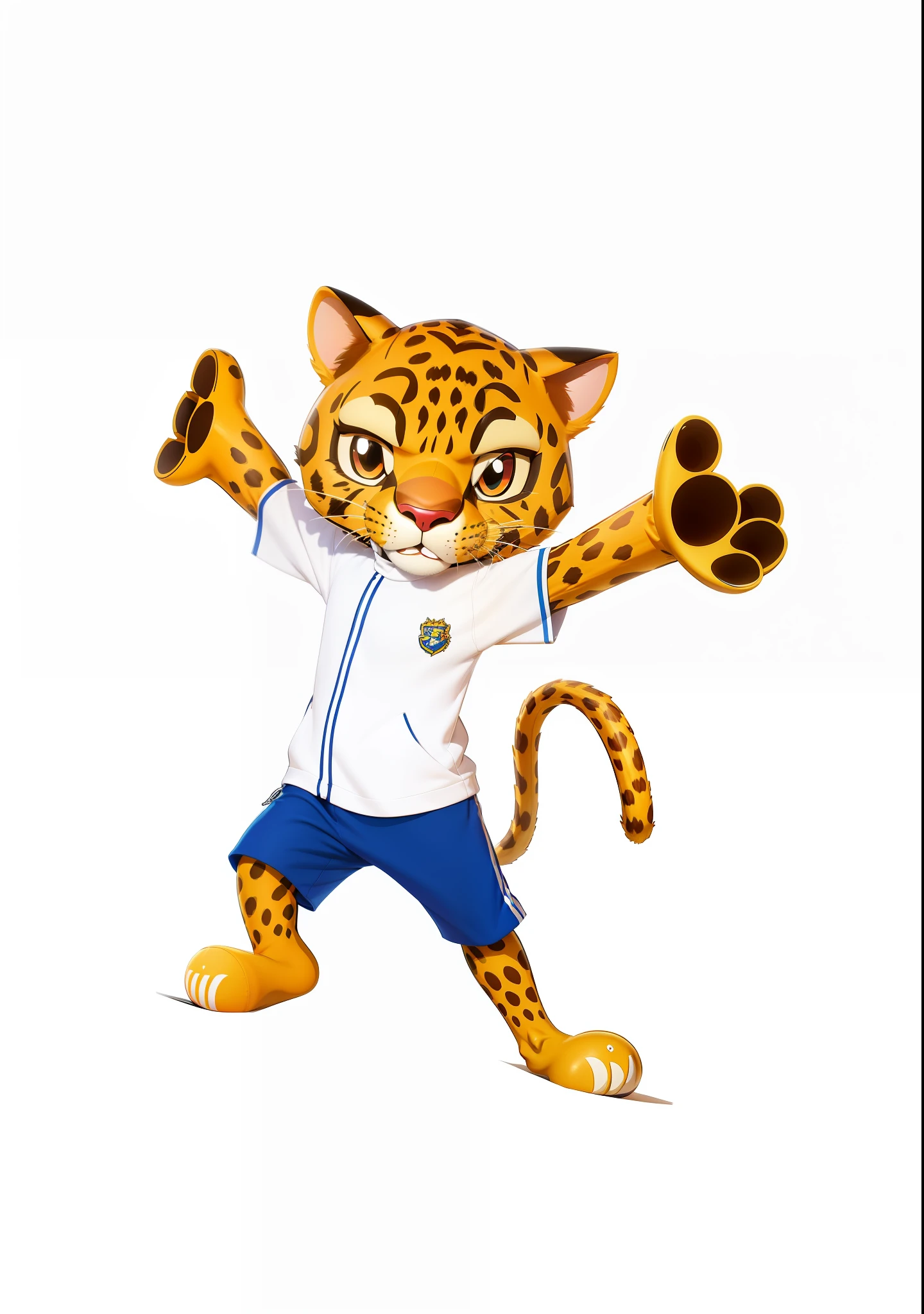 cartoon image of a leopard with a tennis racket in hand, sports mascot, humanoid cheetah, michel ocelot, sports team mascot, mascot illustration, full body mascot, maracajá, jaguar, japanese mascot, created in adobe illustrator, anthropomorphic tiger, inspired by Ke Jiusi, football mascot, diego 5, high school mascot,  realistic, realistic animation, 8K, 3D