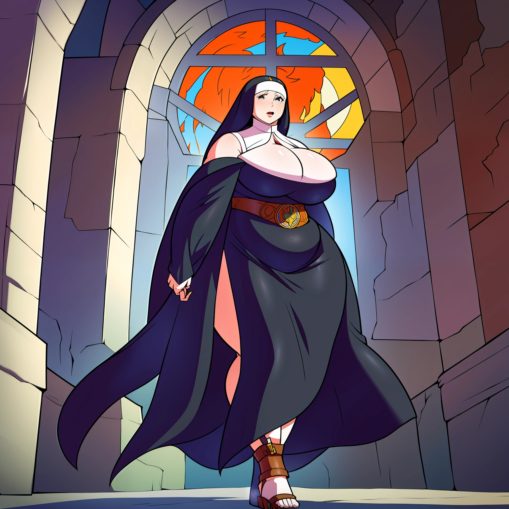 huge chest, tall woman, red hair, nun, priestess, curved, short hair, tomboy, freckles, portrait,1character, full body,1girl, tall female, solo, solo focus, portrait, walking, ful body, warrior, knight,